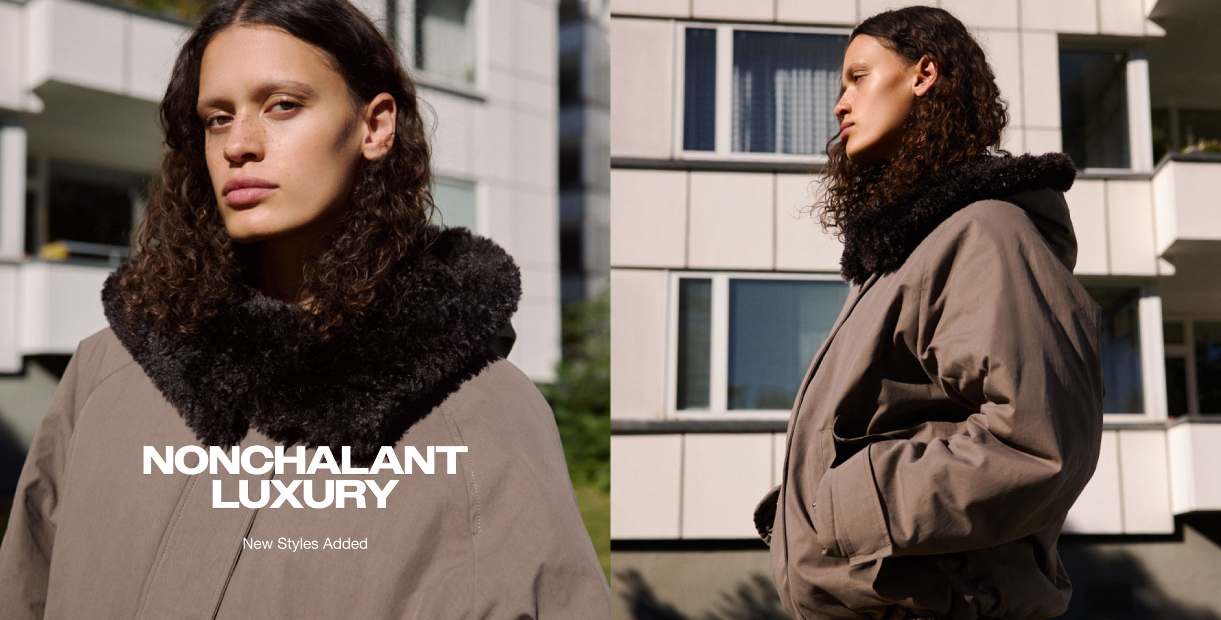 Person with curly hair in a brown coat with a dark fur collar, standing outside a modern building. Text reads "NONCHALANT LUXURY New Styles Added."