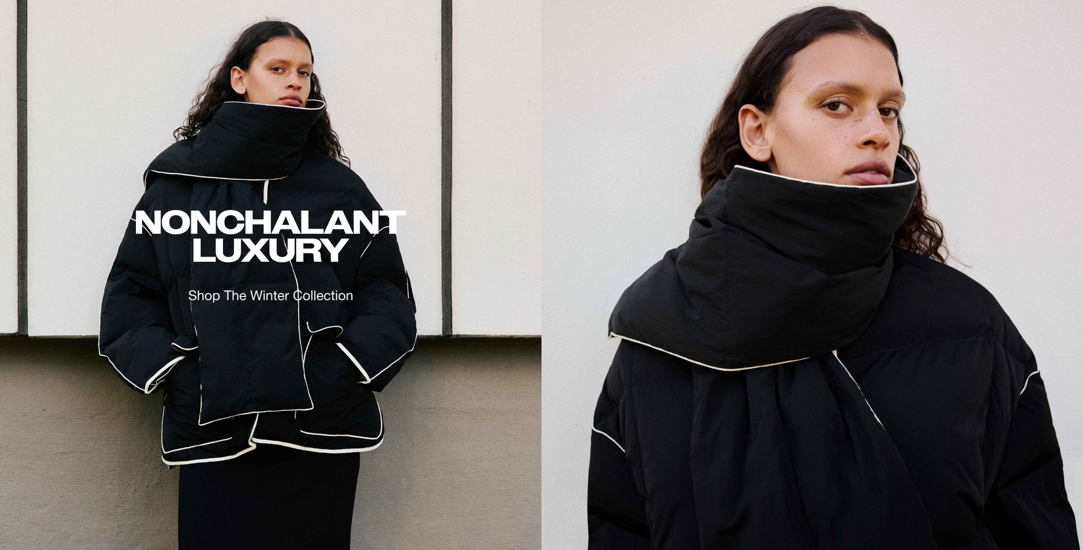 Split image of a model in an oversized black puffer coat with a high funnel collar and white piping against a neutral wall.