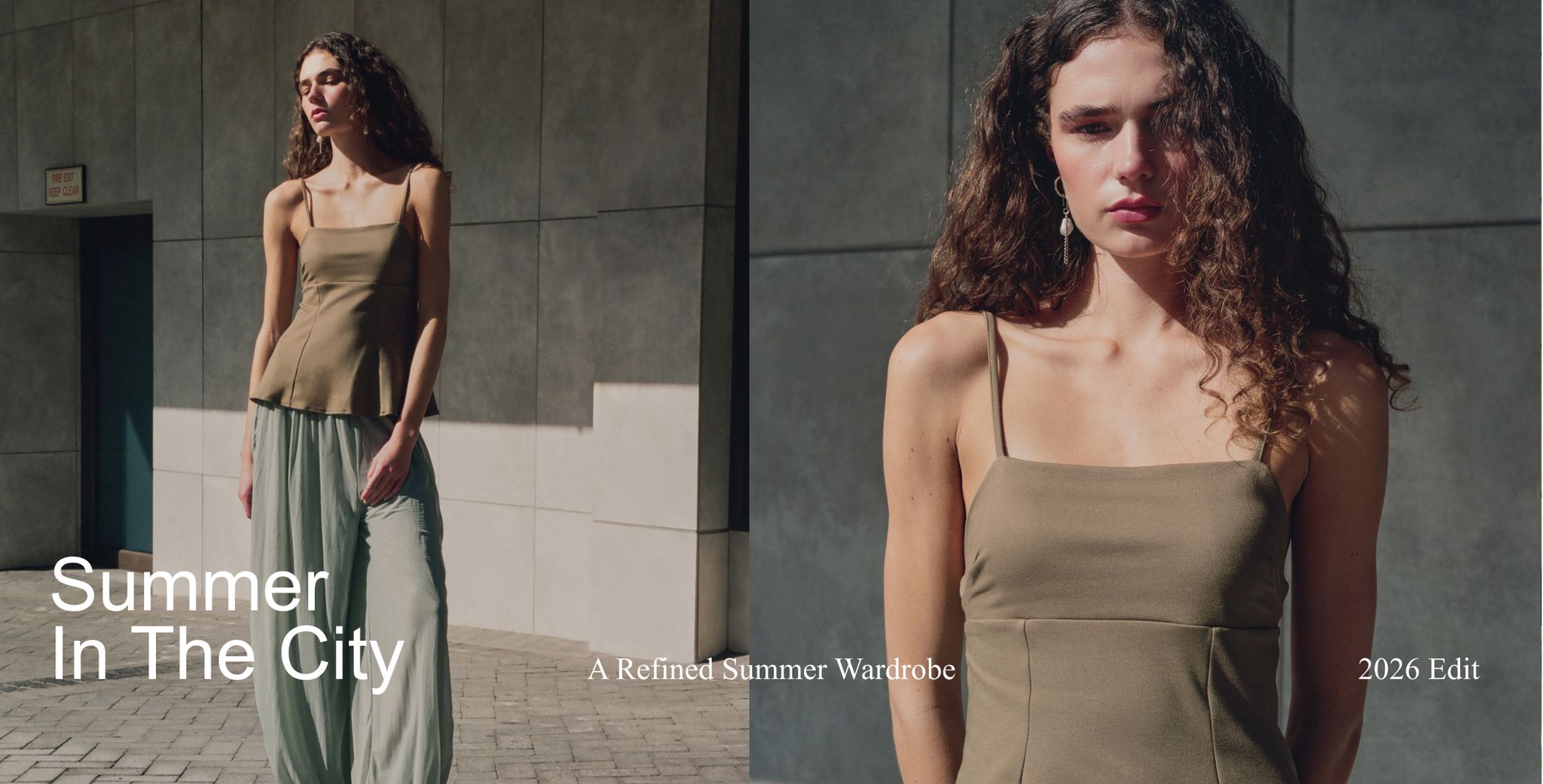 A woman with curly hair wearing a green top and light pants poses in sunlight against a concrete wall. Text reads "Summer In The City" and "2026 Edit."
