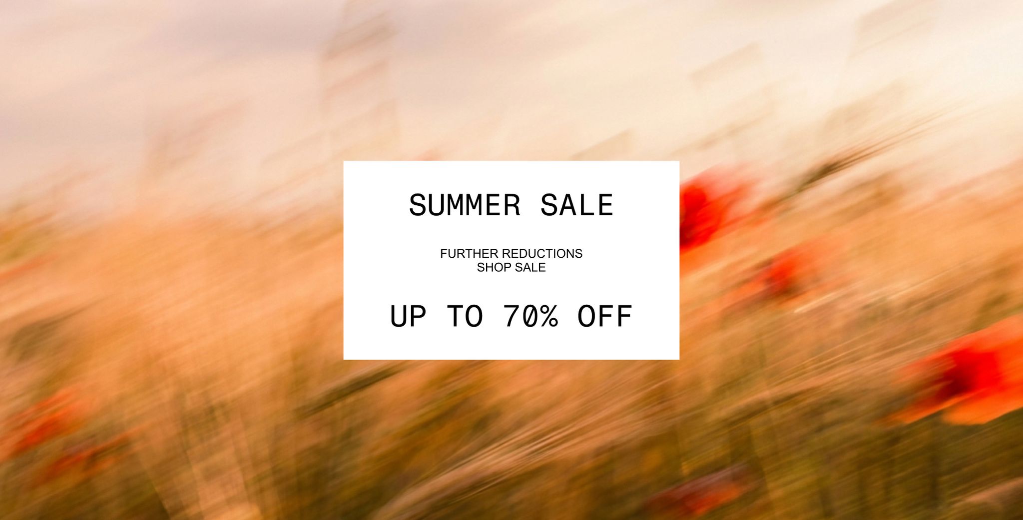 Blurry field of red flowers with a white rectangle overlaid, displaying text: "SUMMER SALE, FURTHER REDUCTIONS, SHOP SALE, UP TO 70% OFF."