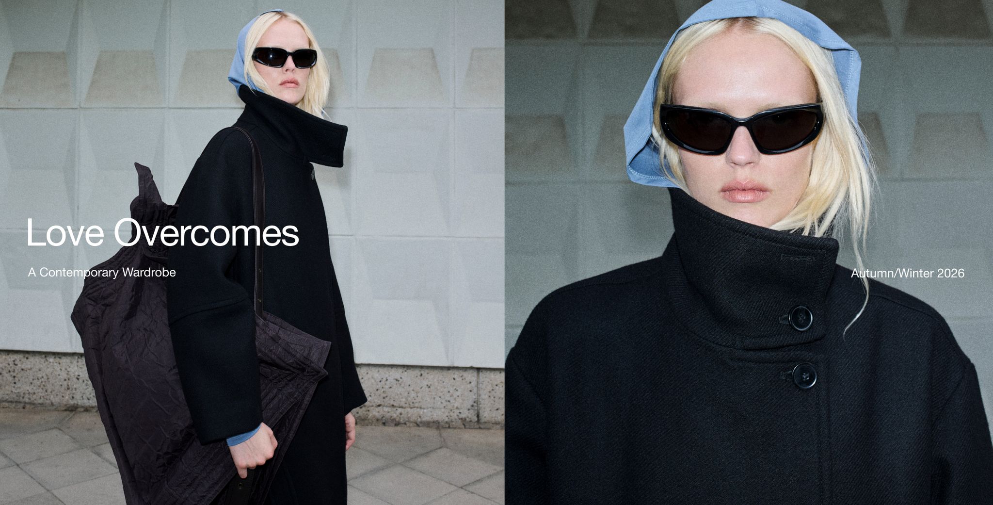 A person in a dark coat and sunglasses poses with a large bag, wearing a light blue headscarf. Text reads "Love Overcomes: A Contemporary Wardrobe, Autumn/Winter 2026."