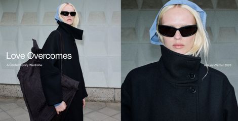 A person in a dark coat and sunglasses poses with a large bag, wearing a light blue headscarf. Text reads "Love Overcomes: A Contemporary Wardrobe, Autumn/Winter 2026."