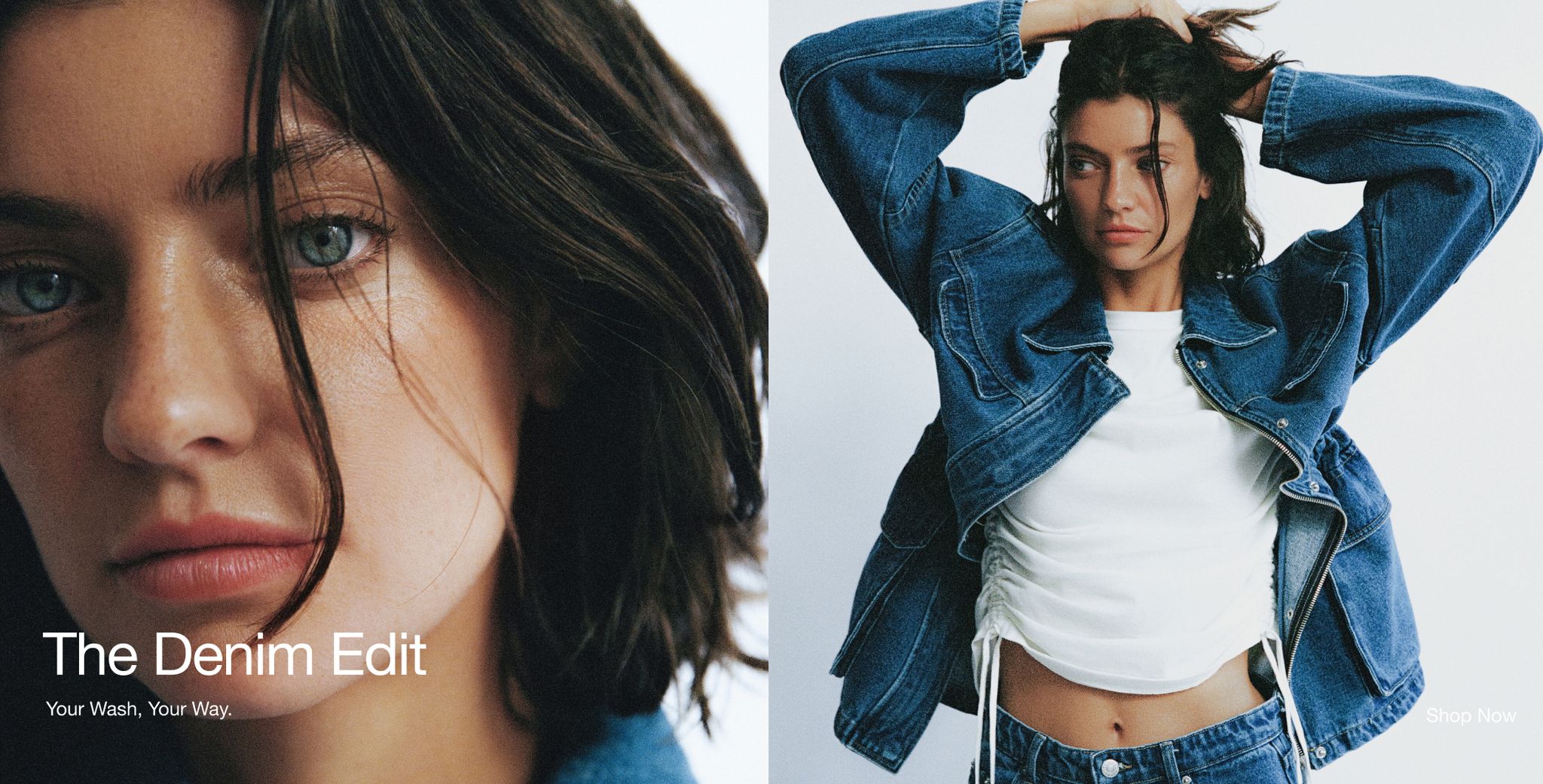 Close-up of a woman's face and another image of her wearing a denim jacket with hands in hair, promoting a denim fashion edit.