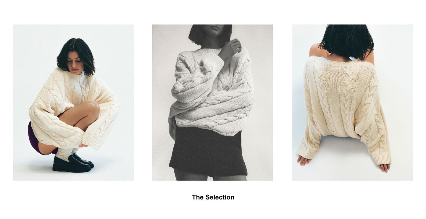 Three images of a person in a cream cable-knit sweater; crouching, standing, and sitting with back view. Minimalist design.