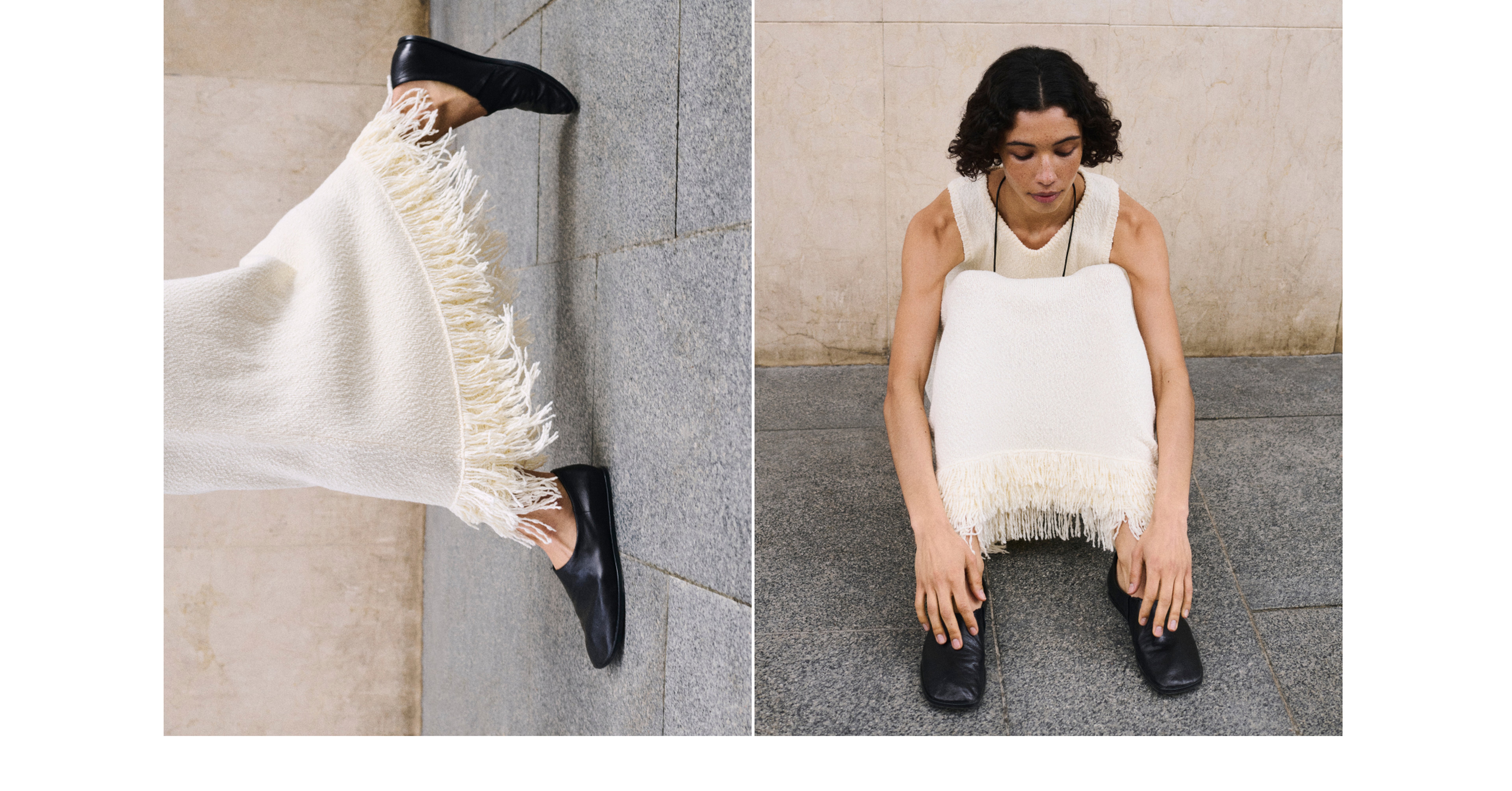 Person seated on stone pavement, wearing a fringed, cream-colored outfit and black shoes, with a close-up of the outfit's fringe.