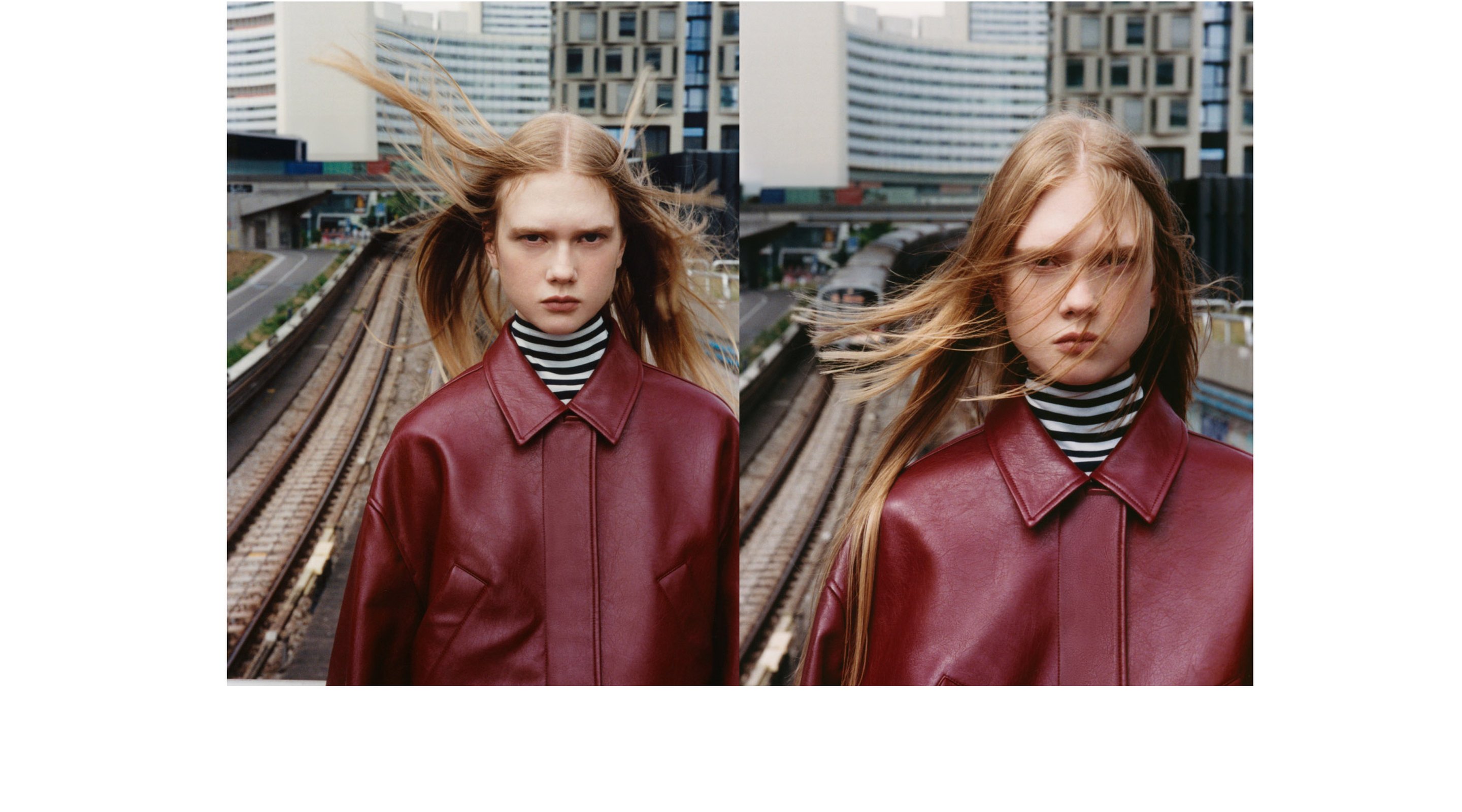 Two images of a person in a red leather jacket and striped turtleneck, standing on a railway bridge with windblown hair, urban background.