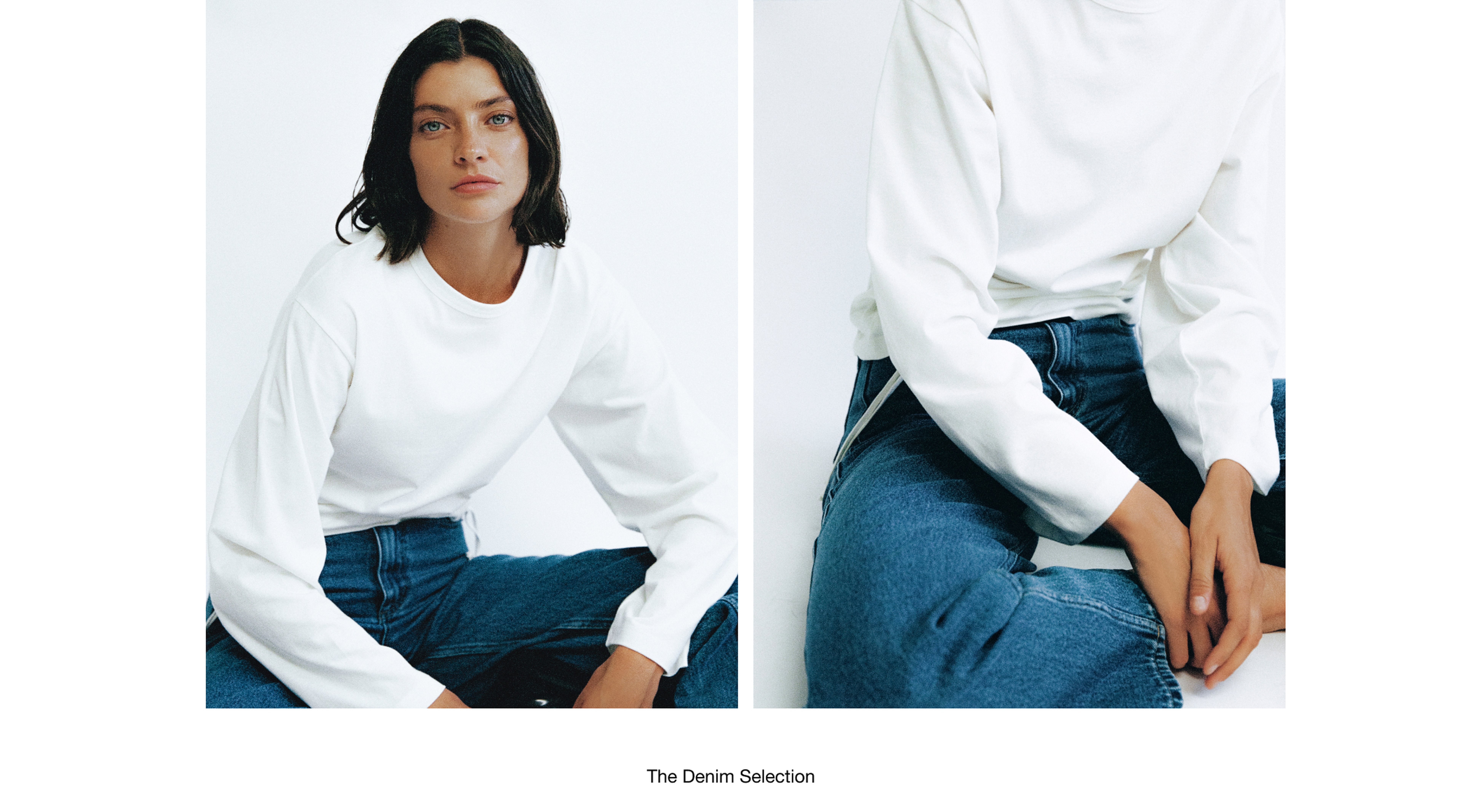 Person wearing a white long-sleeve shirt and blue jeans sitting against a plain background, shown in two images side by side.