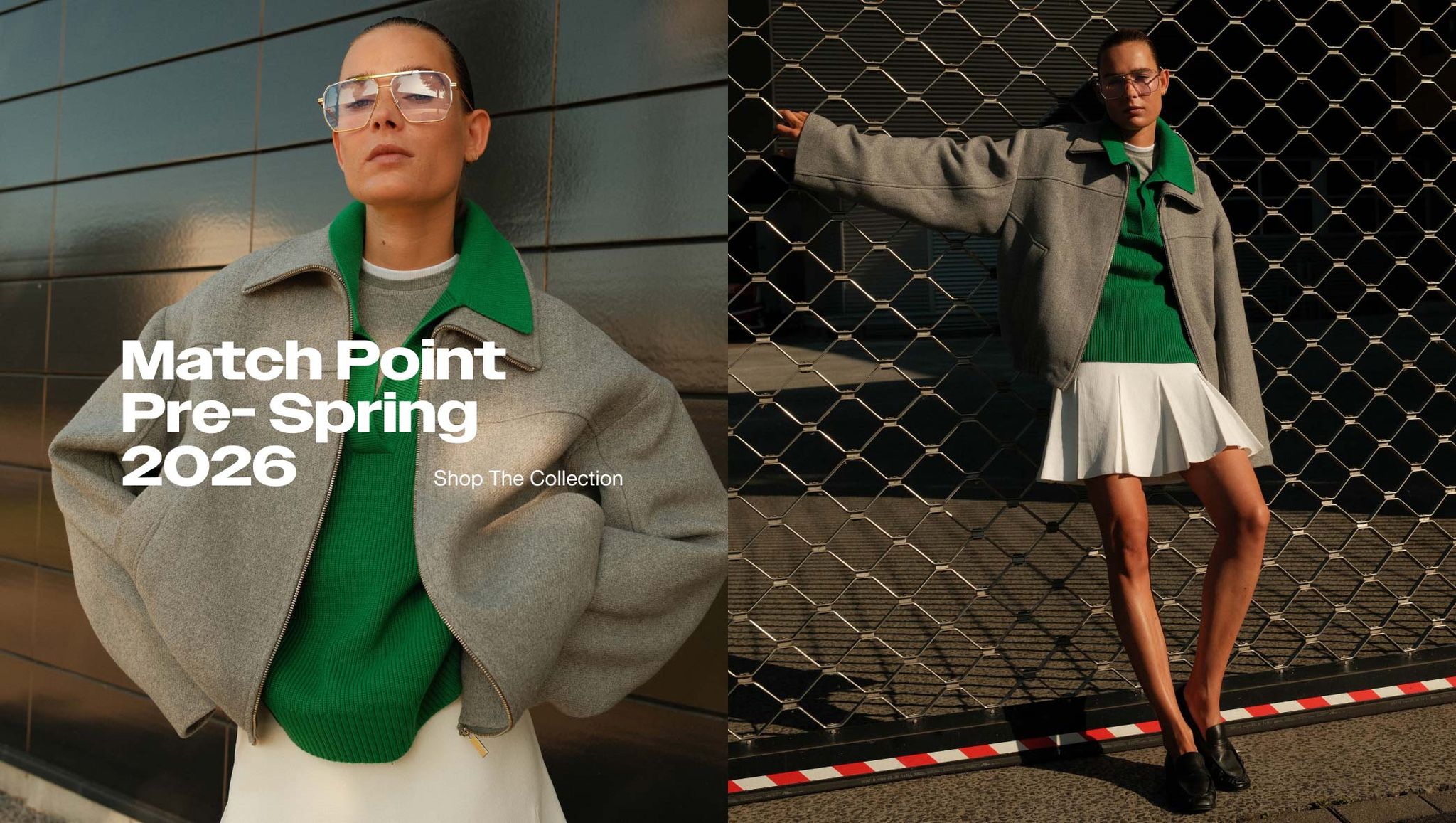 Model in green sweater, gray jacket, and white skirt poses against dark, urban backgrounds with text: "Match Point Pre-Spring 2026."