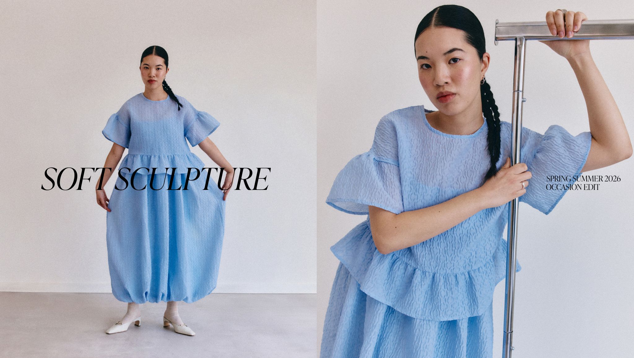 Woman models a textured blue dress in a minimal setting, showcasing the "Soft Sculpture" Spring/Summer 2026 collection.