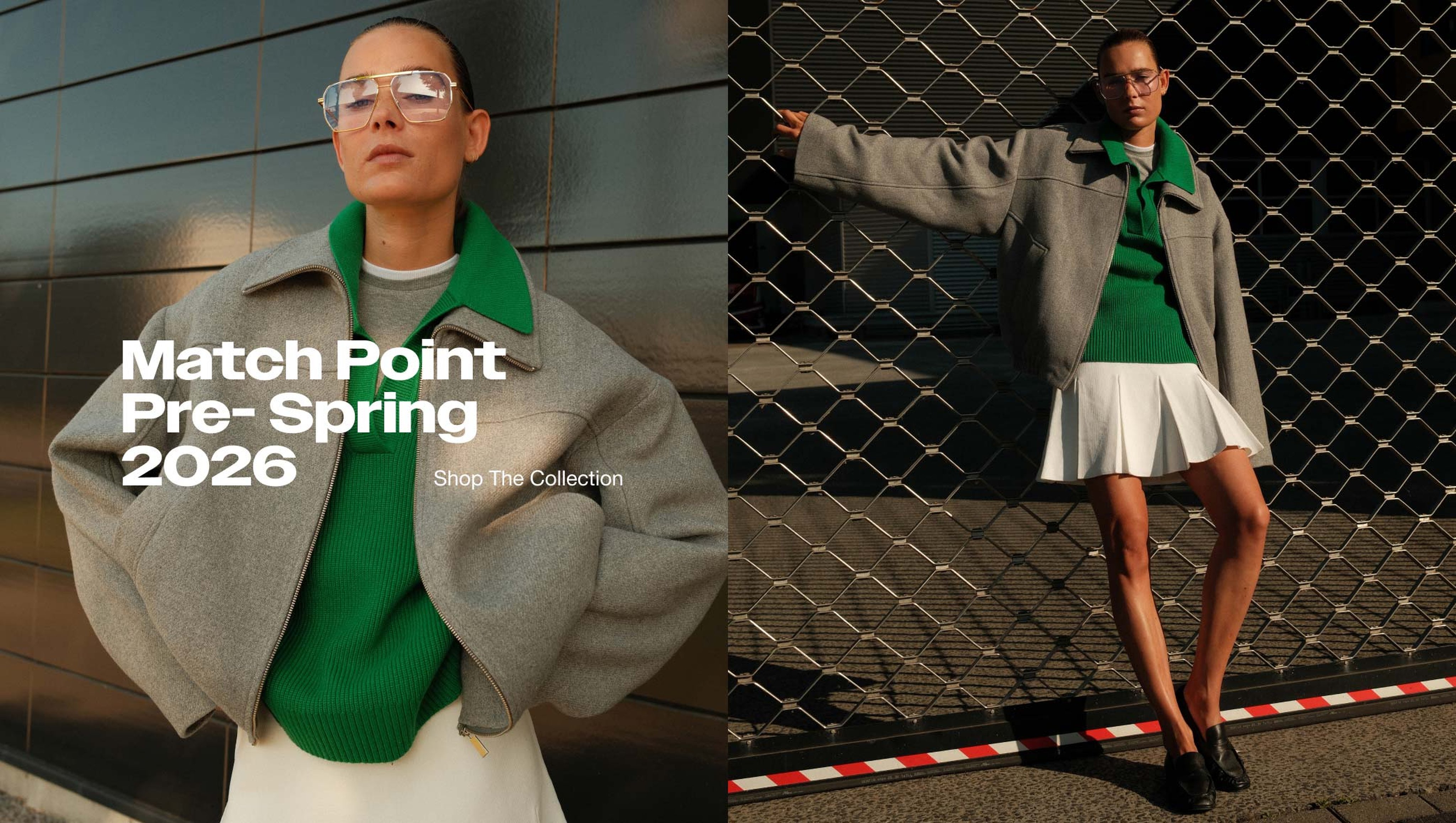 Person in green sweater, gray jacket, and white skirt poses near a chain-link fence, with text "Match Point Pre-Spring 2026."