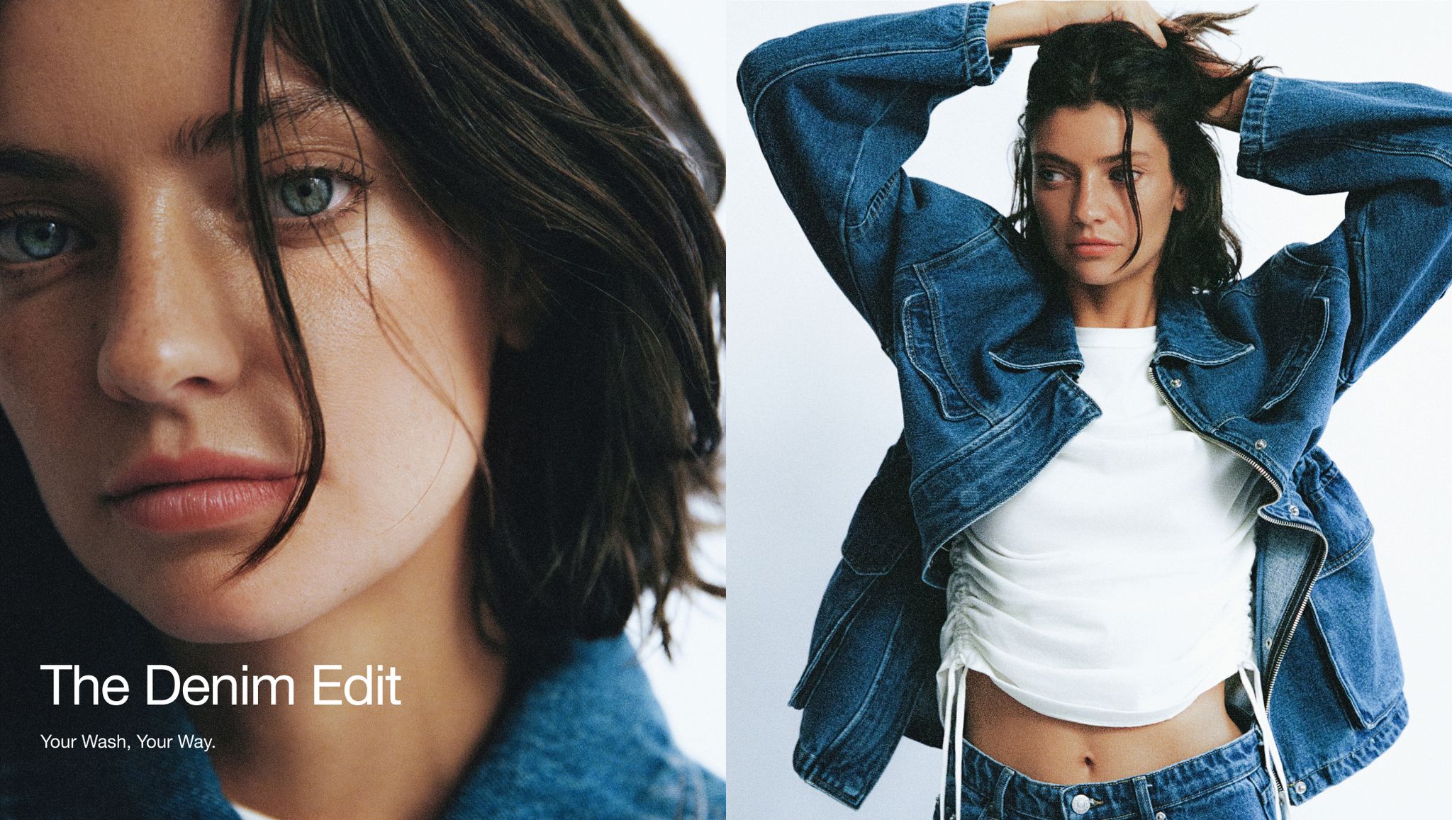 Close-up of a woman with blue eyes wearing denim; beside, she poses in a denim jacket and jeans, holding her hair up. Text: "The Denim Edit."