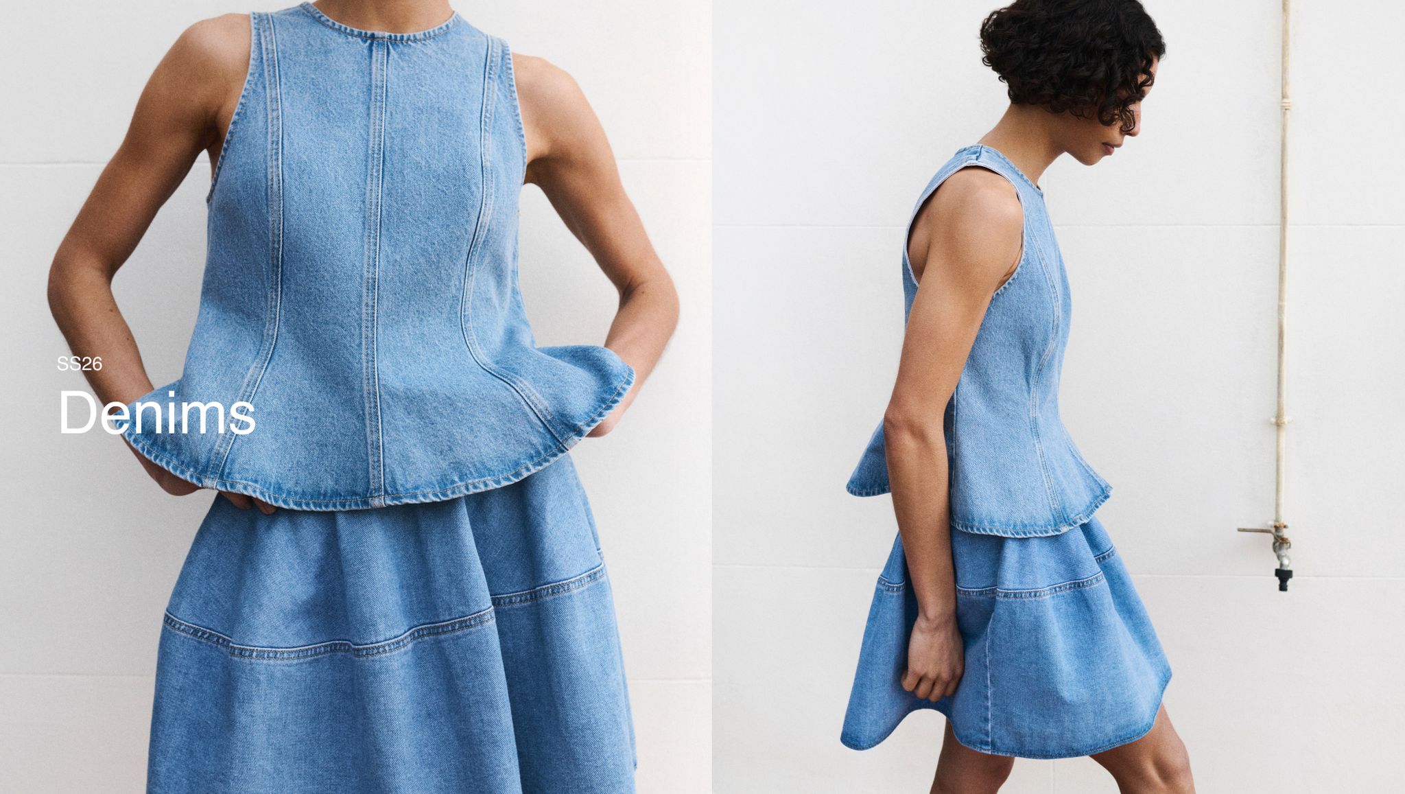 Model wearing a sleeveless denim top with a flared hem and a matching tiered skirt, styled for SS26 collection.