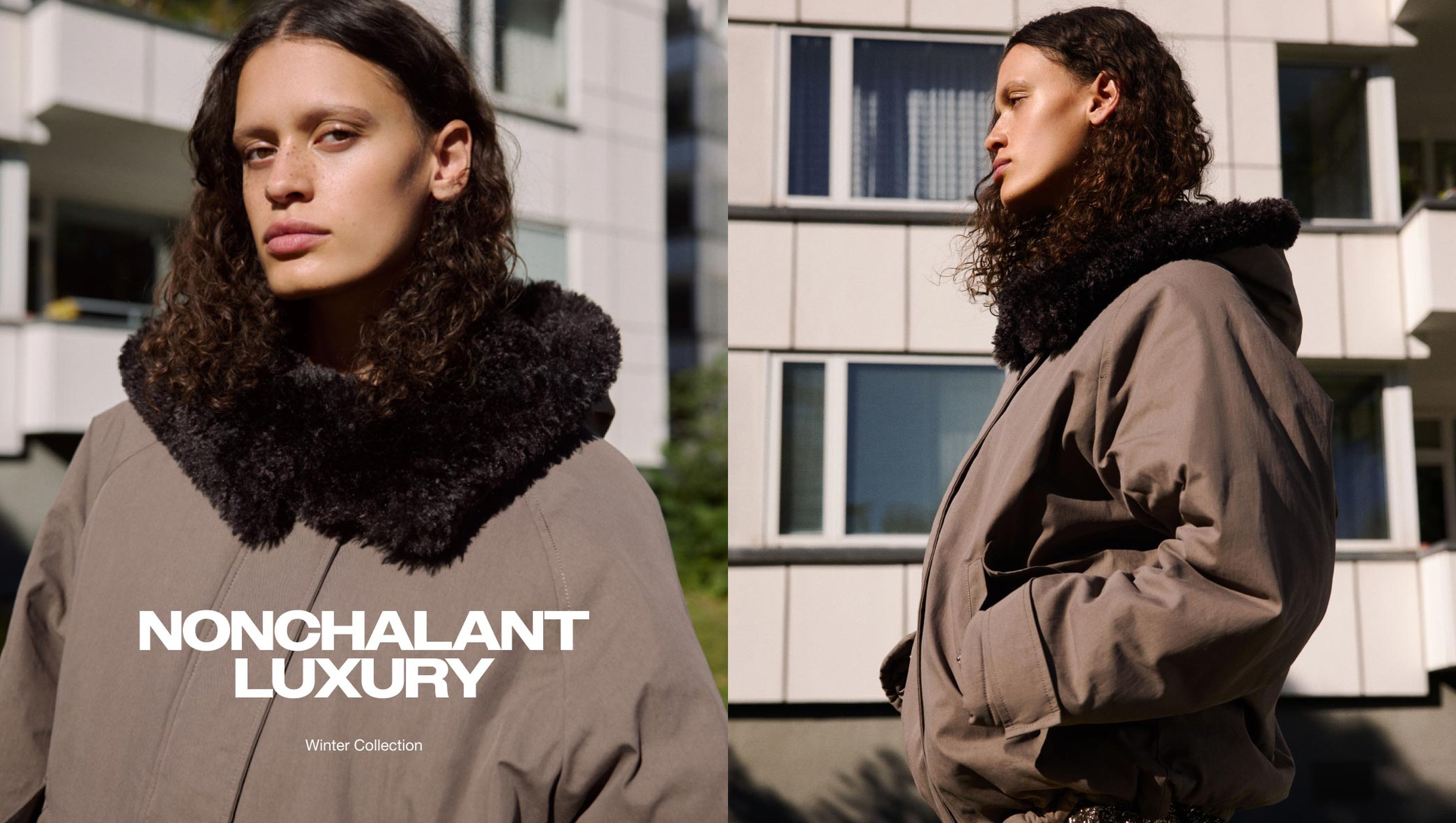 Model in a brown coat with a black fur collar poses outdoors in front of a building. Text reads "Nonchalant Luxury Winter Collection."