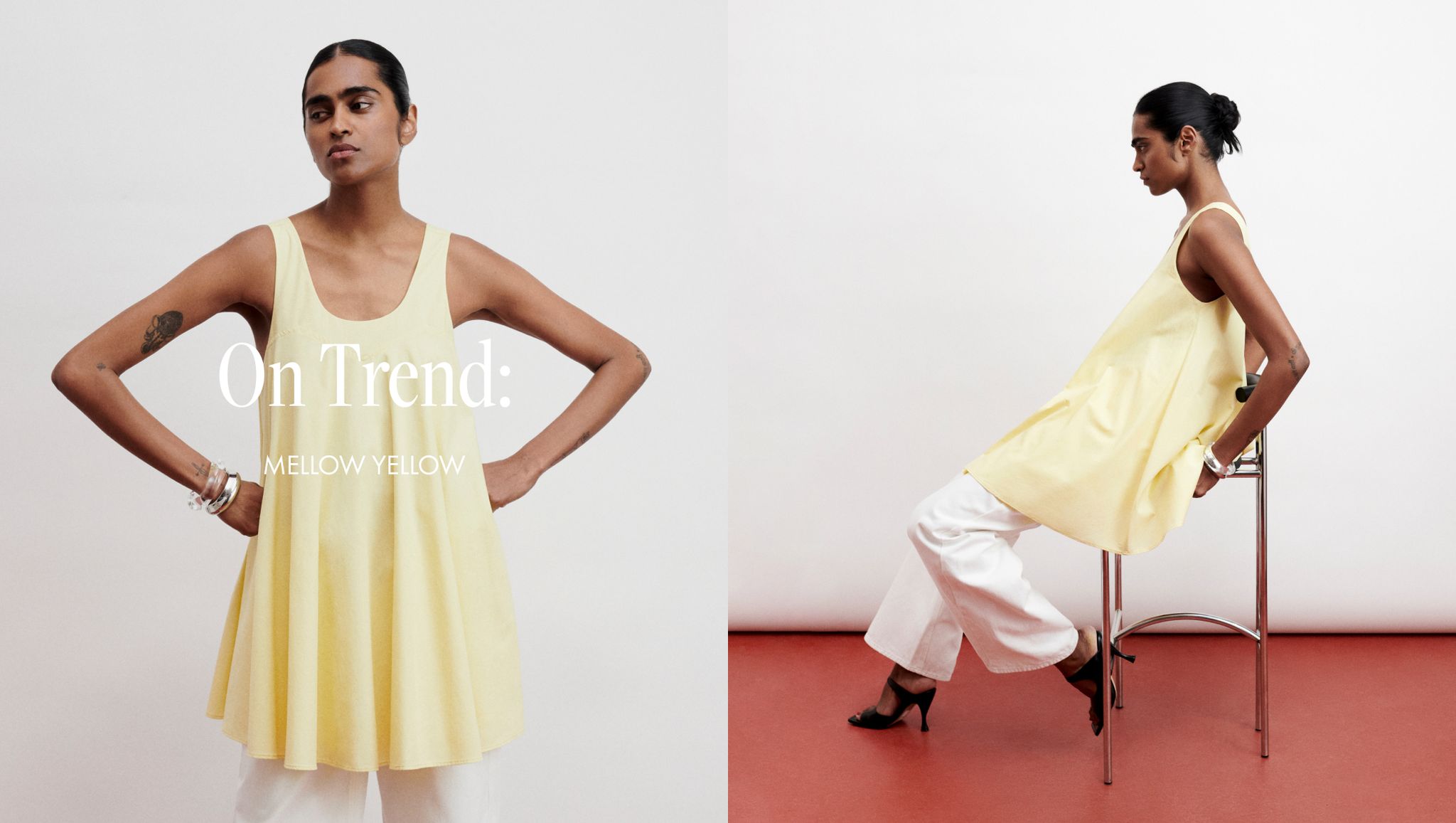 Model in a yellow sleeveless top and white pants, standing and seated on a stool against a white background with "On Trend: Mellow Yellow" text.