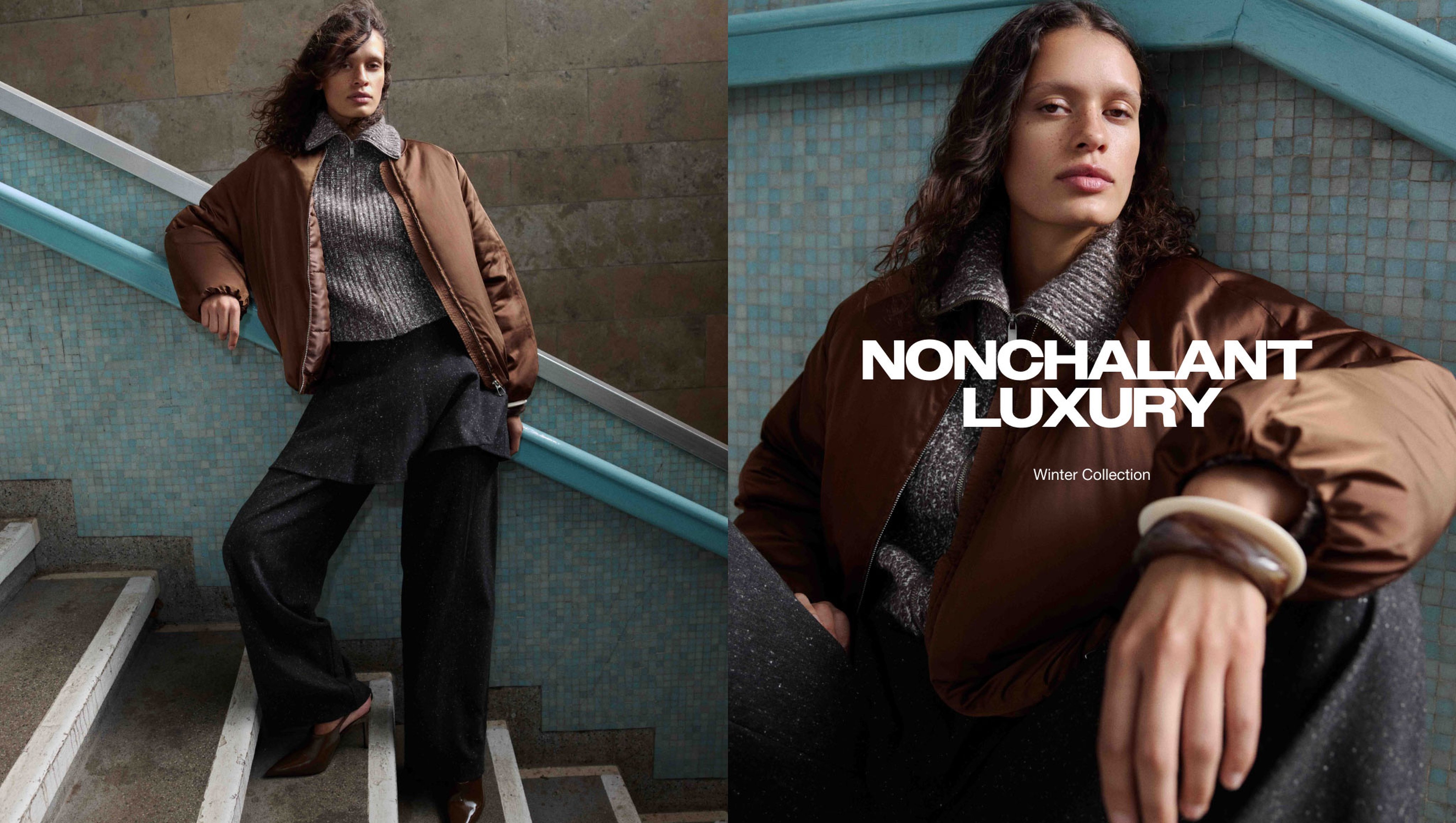A person in a brown jacket and gray sweater poses on stairs; text reads "Nonchalant Luxury Winter Collection."