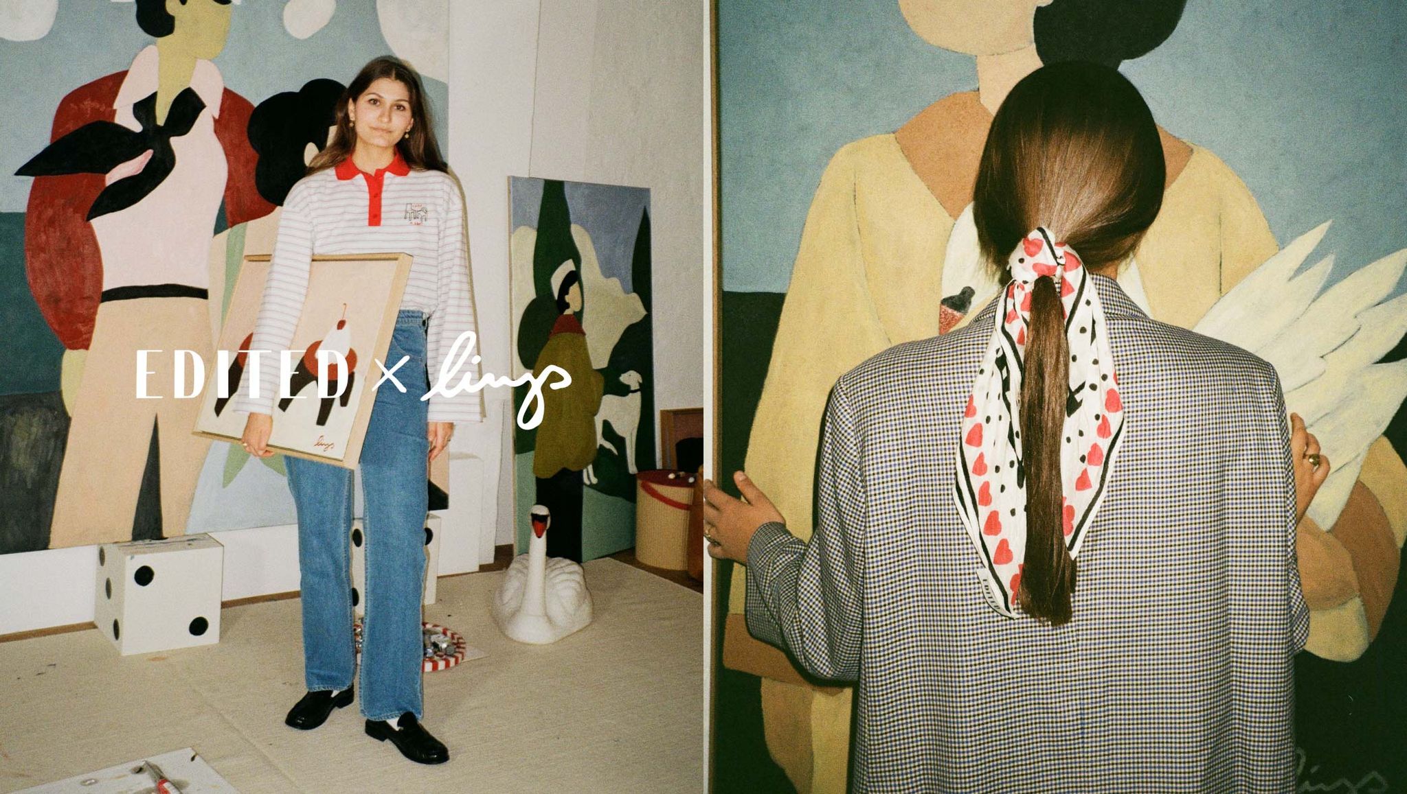 Woman in an art studio with a houndstooth blazer and a patterned scarf. Painted portraits and decor in the background.