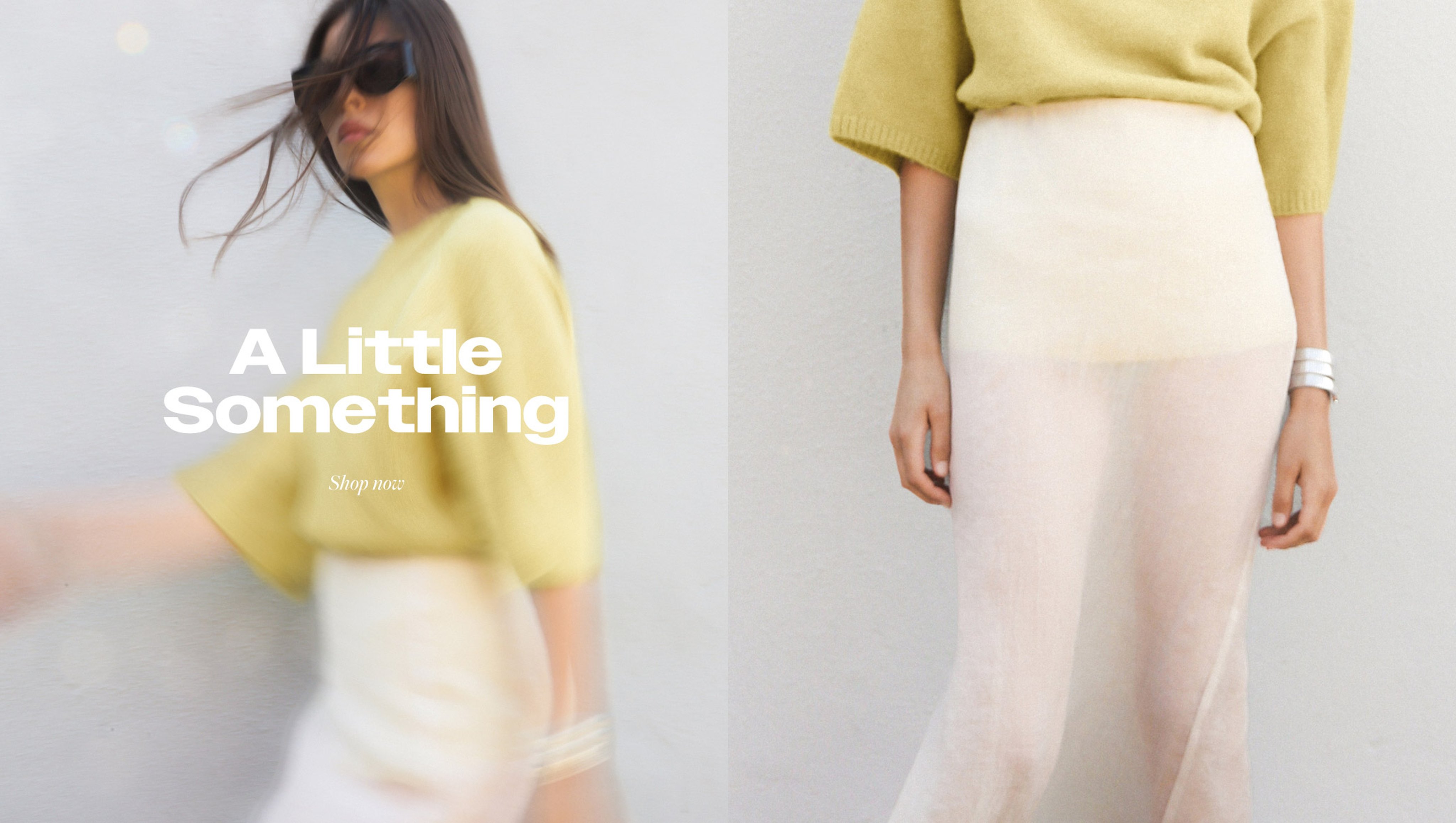 Woman in yellow top and sheer skirt, wearing sunglasses, with text "A Little Something" on the left side.