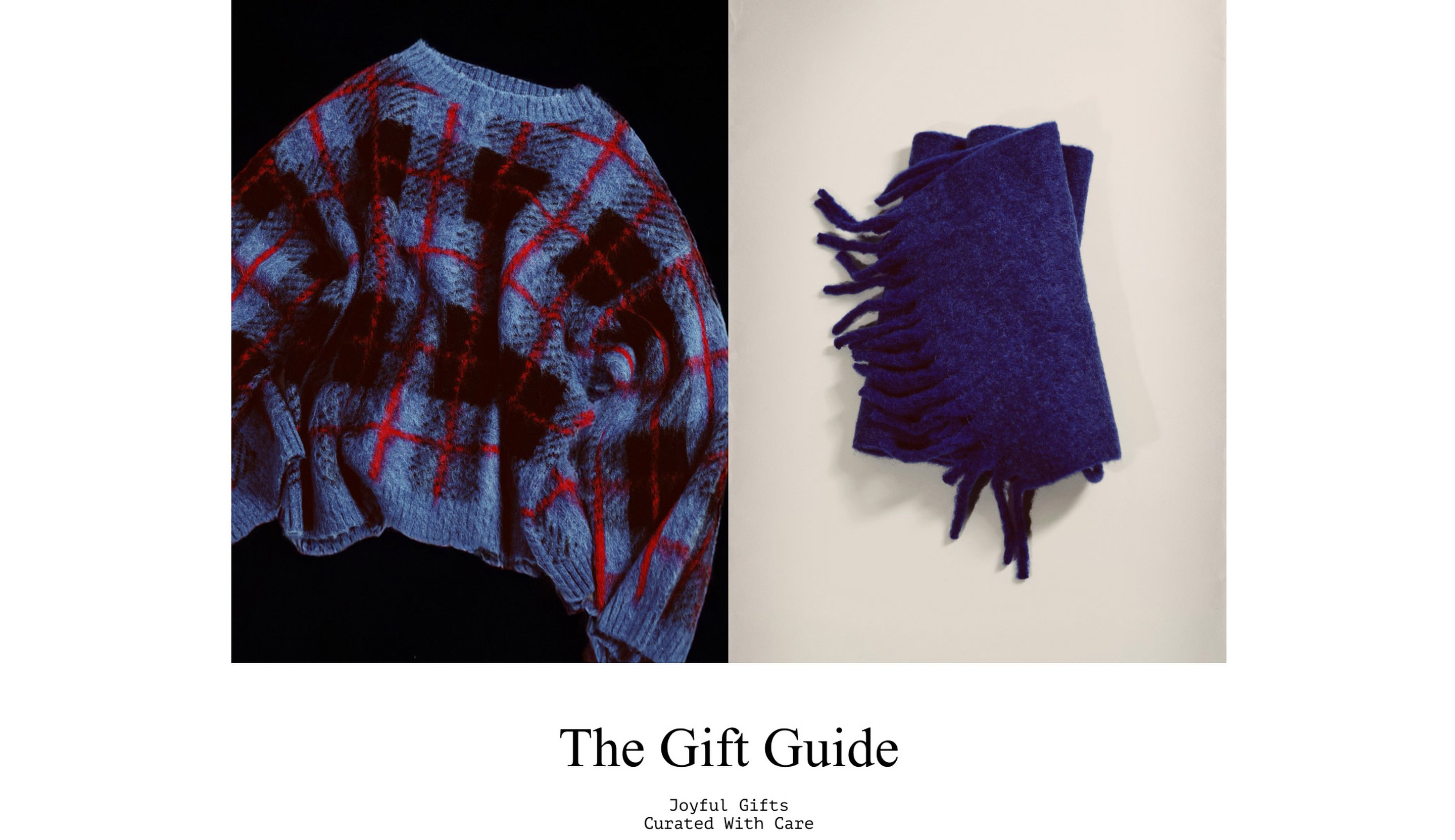 Blue sweater with red-and-black plaid beside a folded fringed blue scarf, above the headline "The Gift Guide."