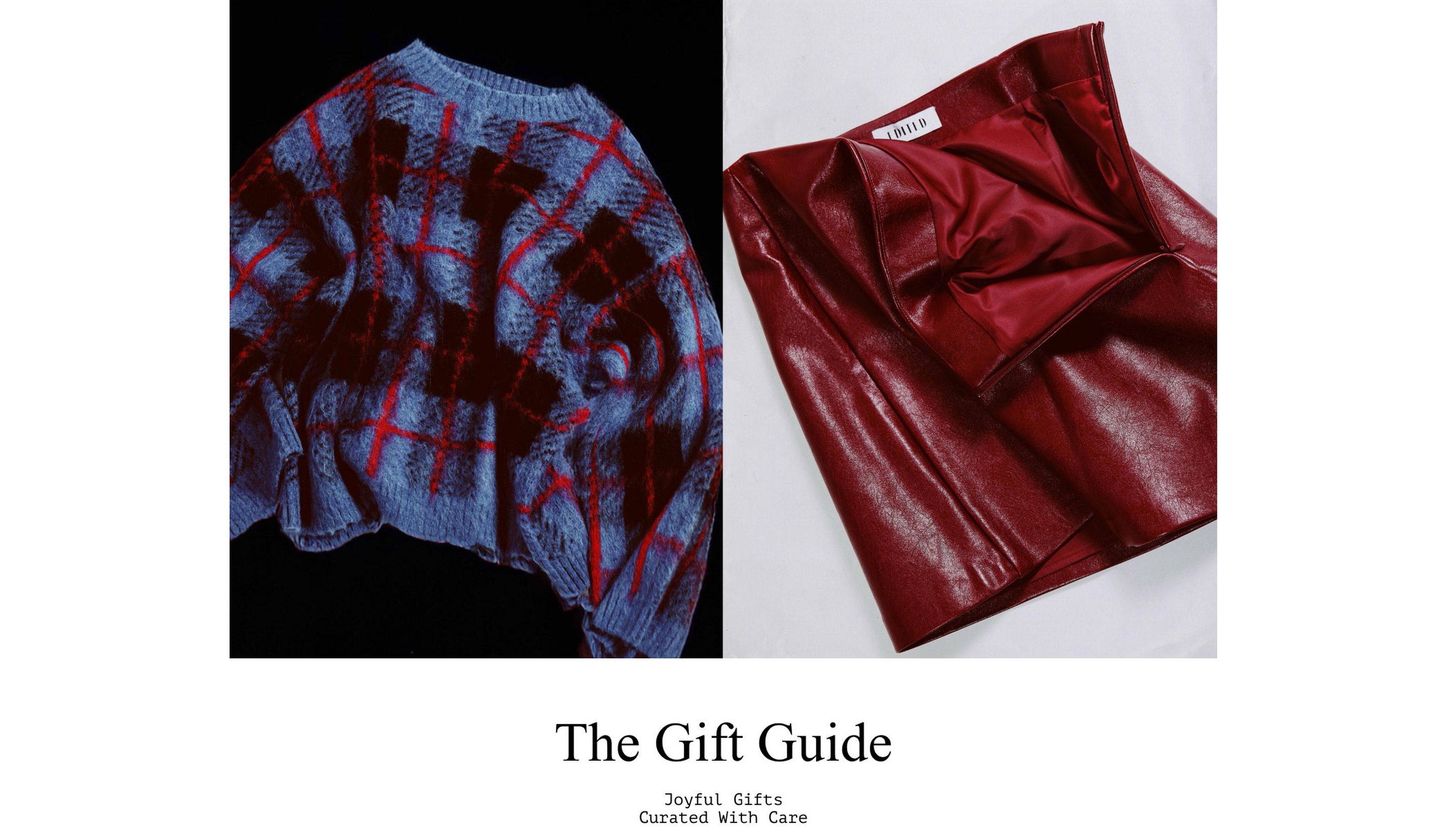 A blue and red plaid sweater next to a folded red leather garment, with text: "The Gift Guide - Joyful Gifts Curated With Care."