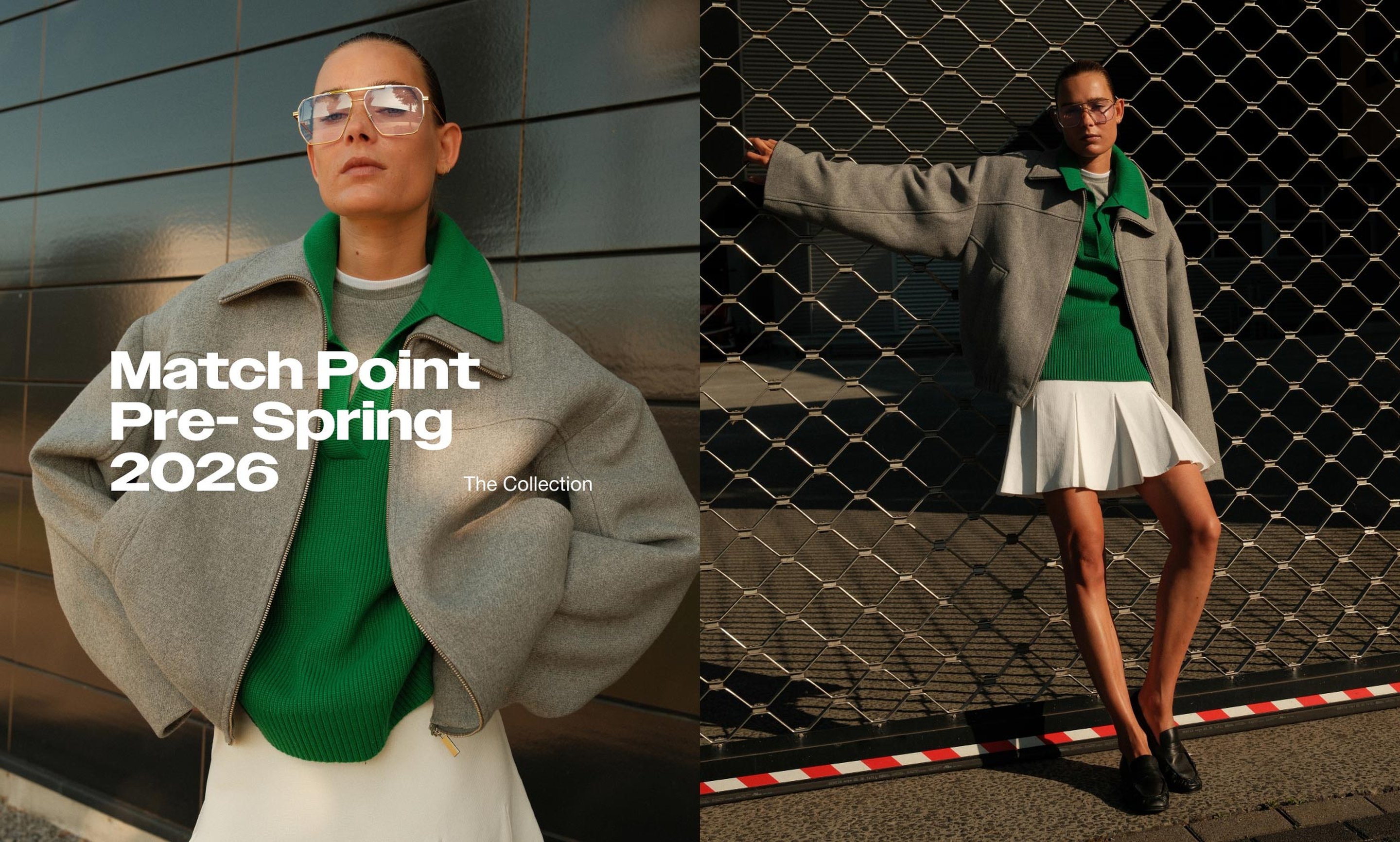 Model in gray coat, green sweater, and white skirt; standing against a fence and wall. Text: "Match Point Pre-Spring 2026 The Collection."