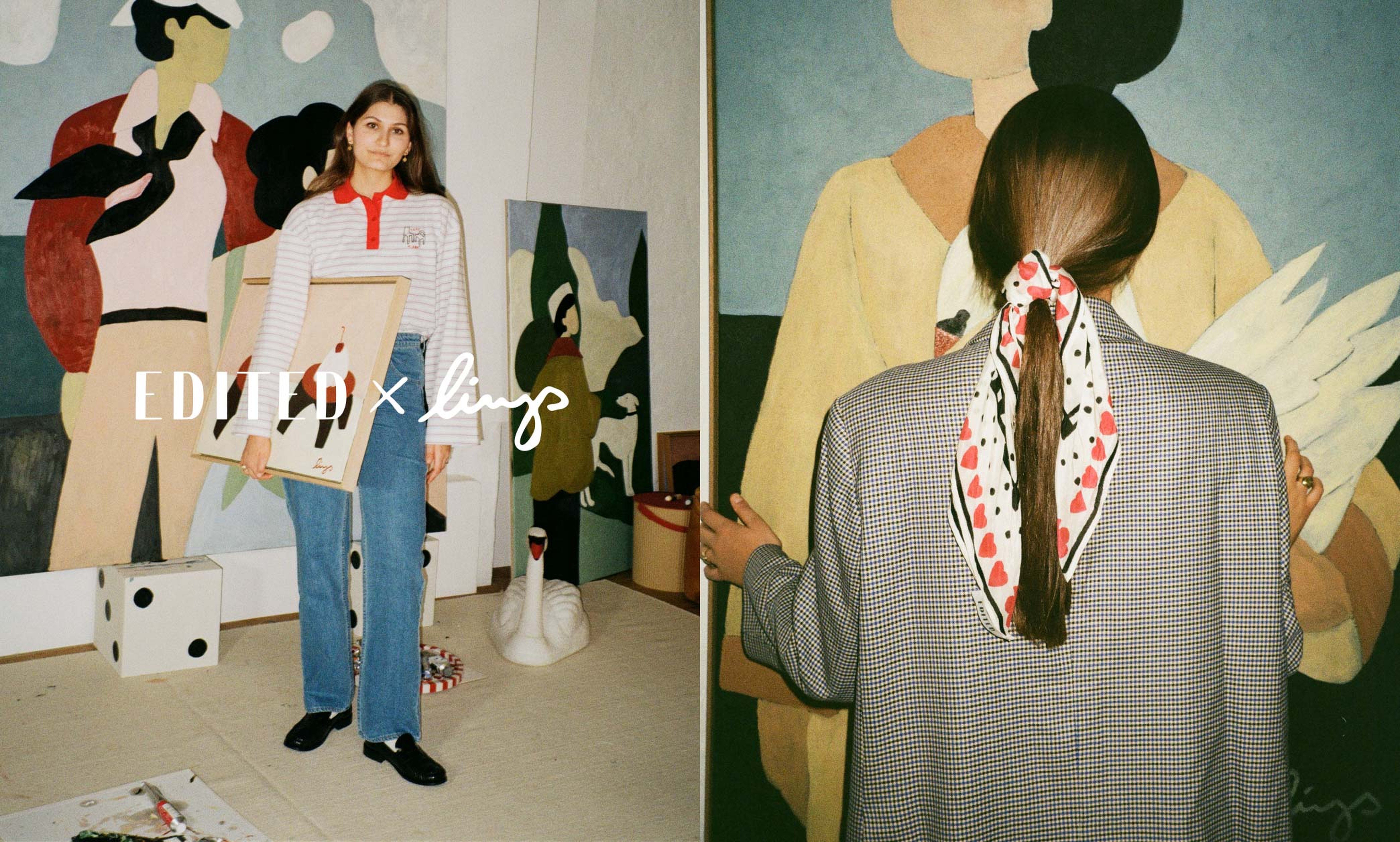 Two images: A woman in casual attire holding art supplies; another of her back facing a painting with a patterned scarf in her hair.