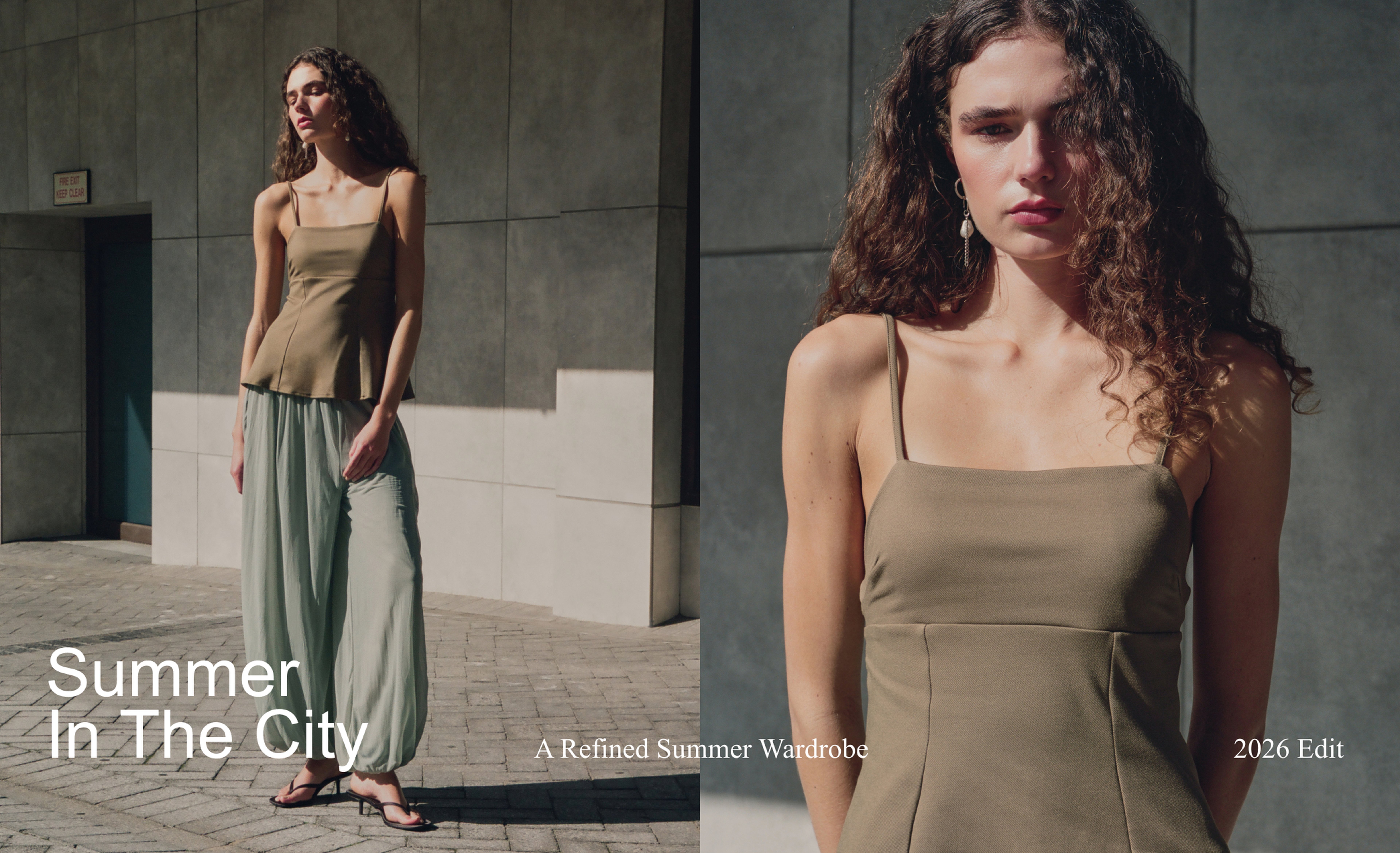 A woman with long curly hair wearing a beige top and flowy green pants stands outdoors, with text "Summer In The City" and "A Refined Summer Wardrobe."