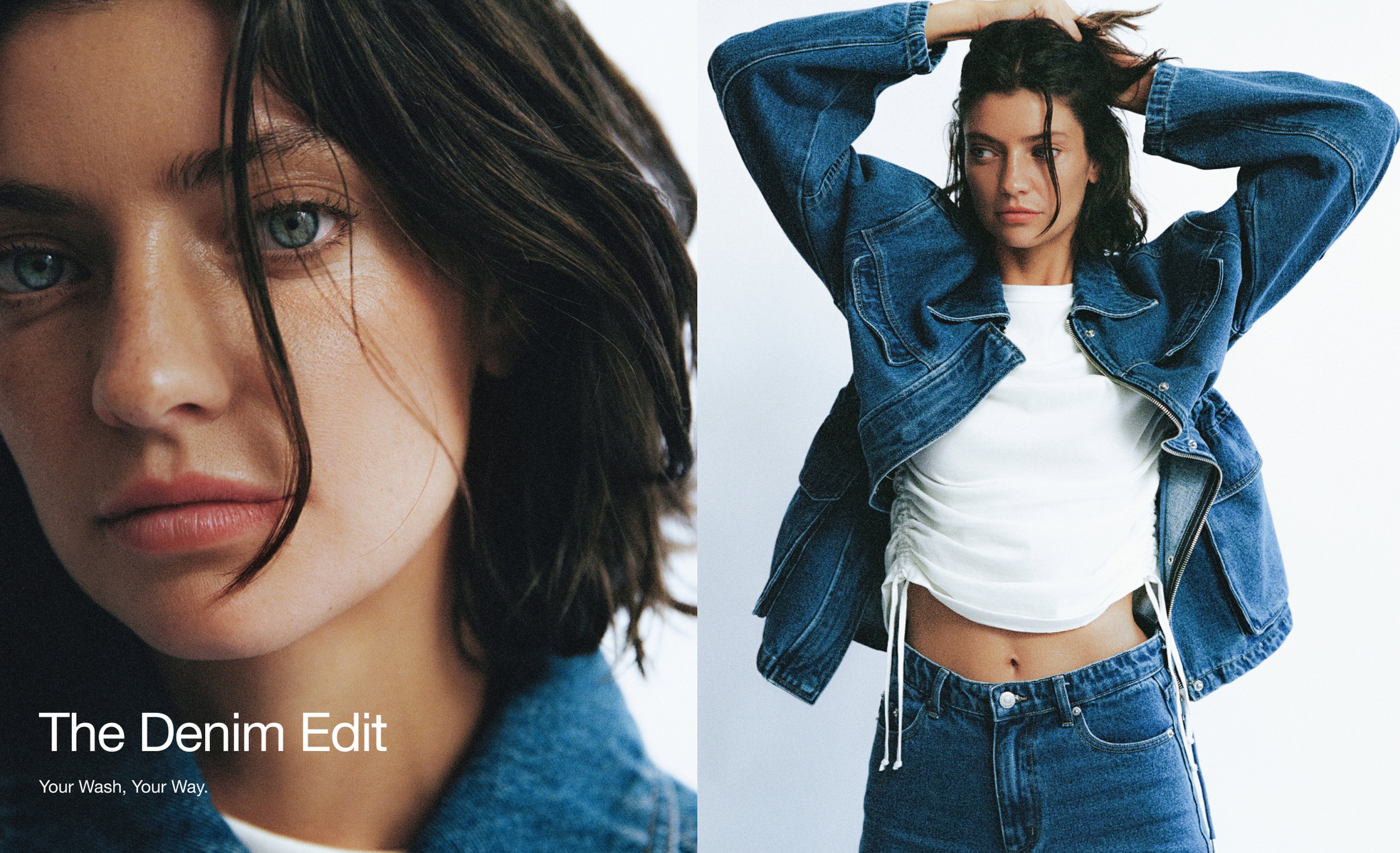 Close-up of a woman with dark hair and blue eyes wearing a denim jacket, paired with a wider shot showing her in a white top and jeans.