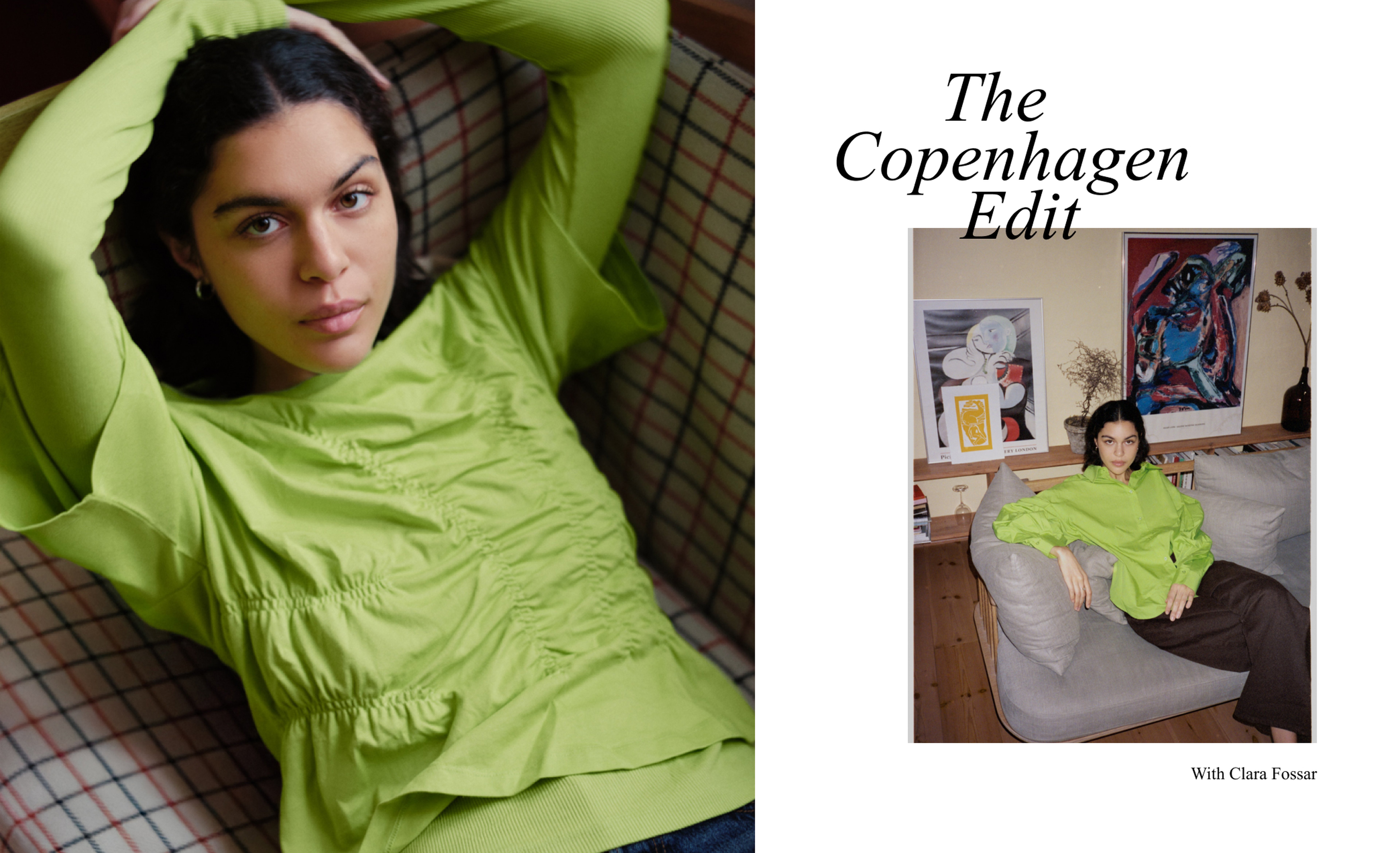 A woman in a bright green blouse reclines on a couch, with artwork on the wall behind her. Text reads "The Copenhagen Edit" and "With Clara Fossar."