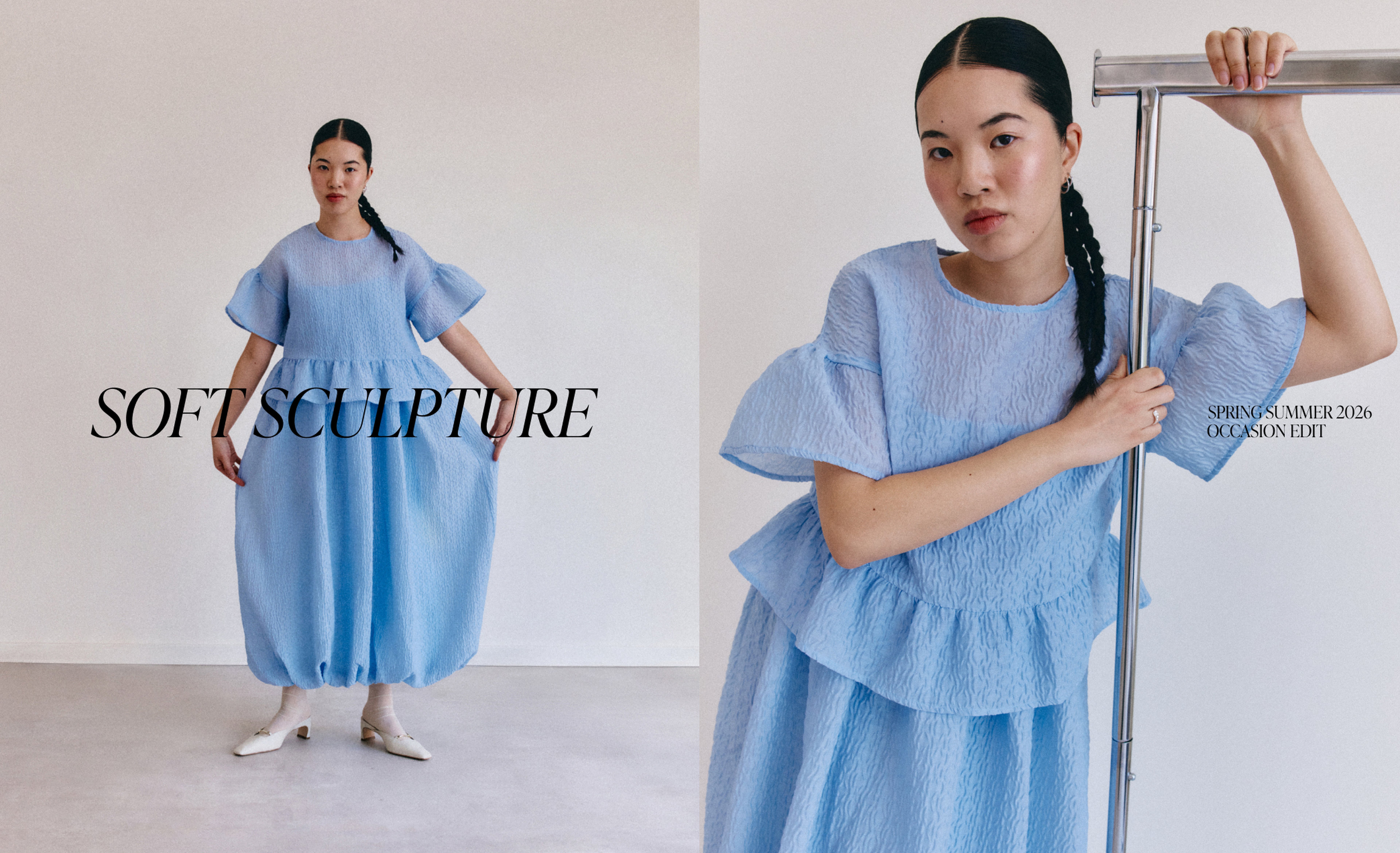 Fashion model in a textured blue dress poses in a minimalist setting. Text reads, "Soft Sculpture, Spring Summer 2026 Occasion Edit."