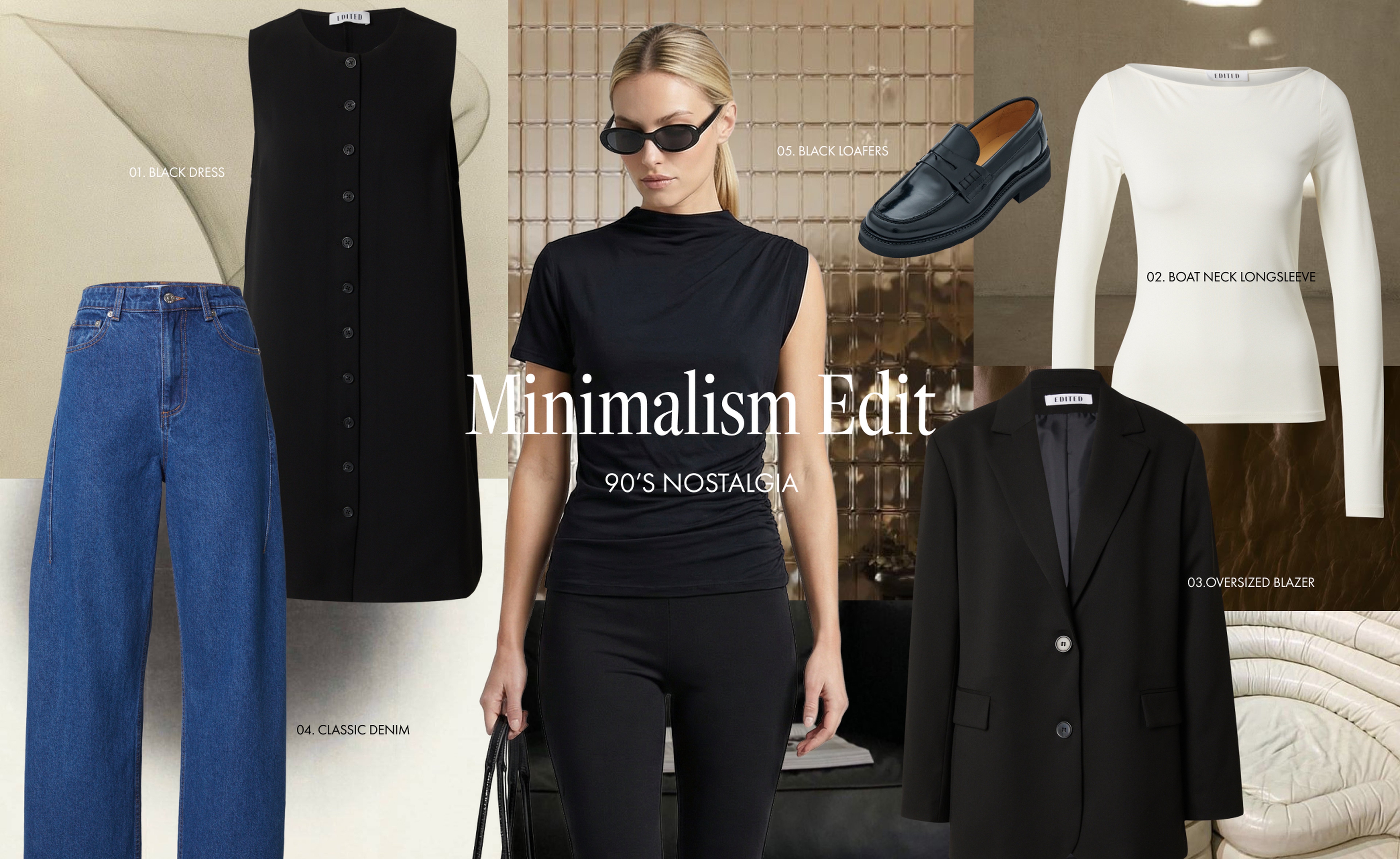 Woman in black outfit and sunglasses stands amid a minimalist fashion collection featuring a dress, jeans, loafers, top, and blazer.