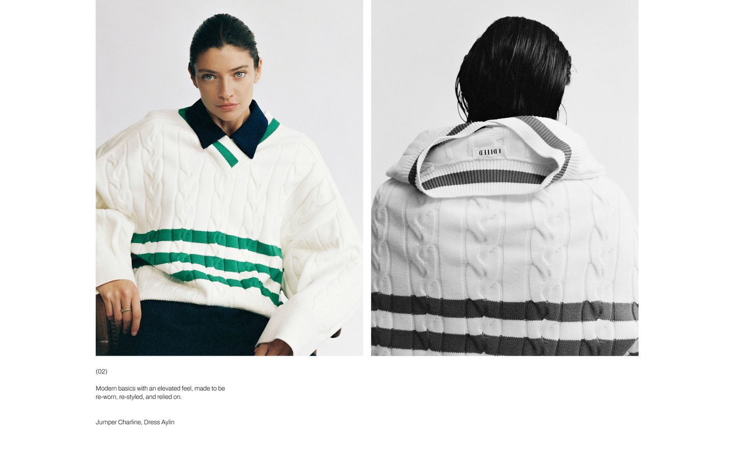 A model wearing a white knit sweater with green stripes. Back view shows the sweater’s collar and label. Text below describes the clothing.