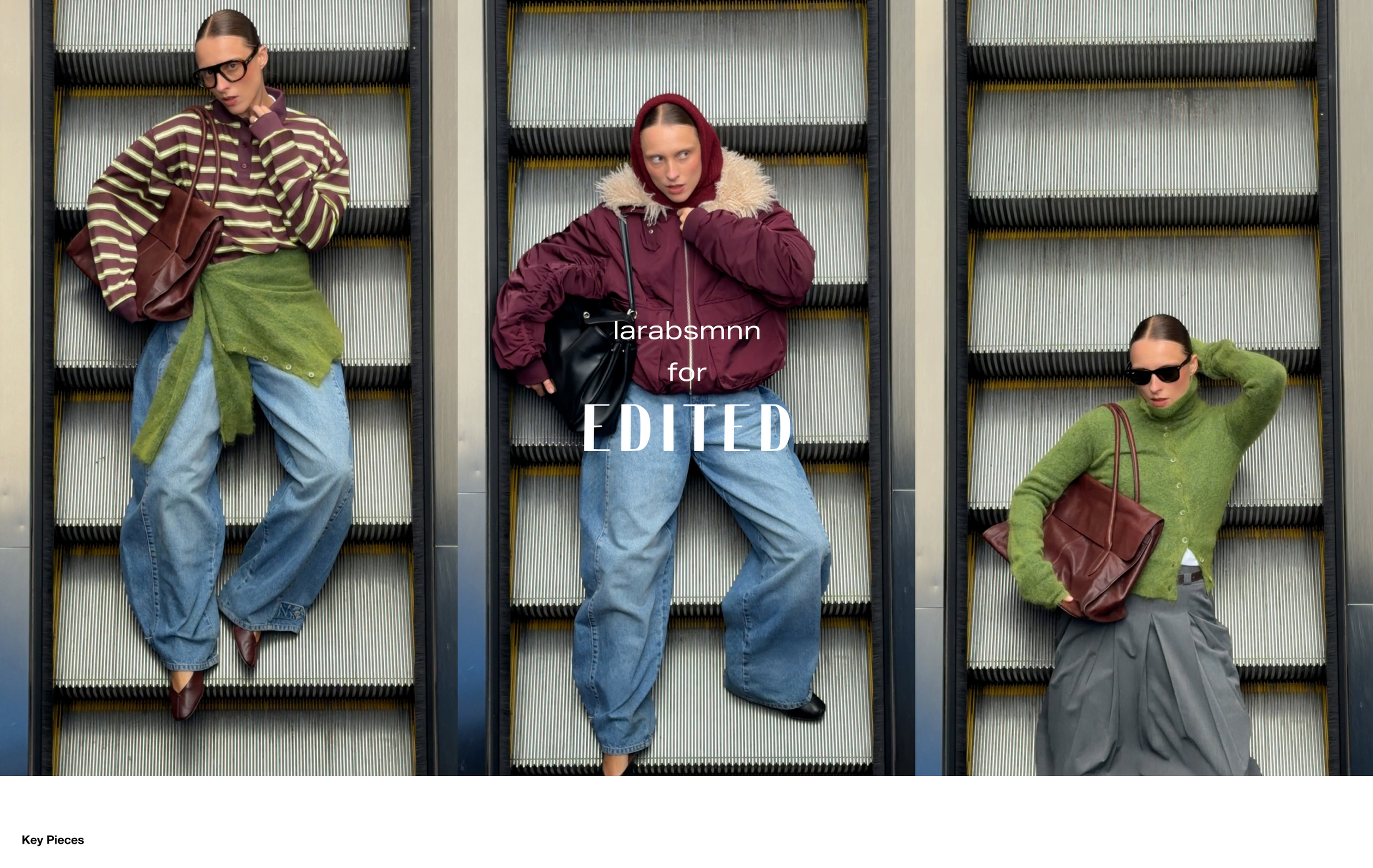 Three individuals pose on escalators in different stylish outfits, featuring sweaters, wide jeans, and sunglasses, emphasizing urban fashion.