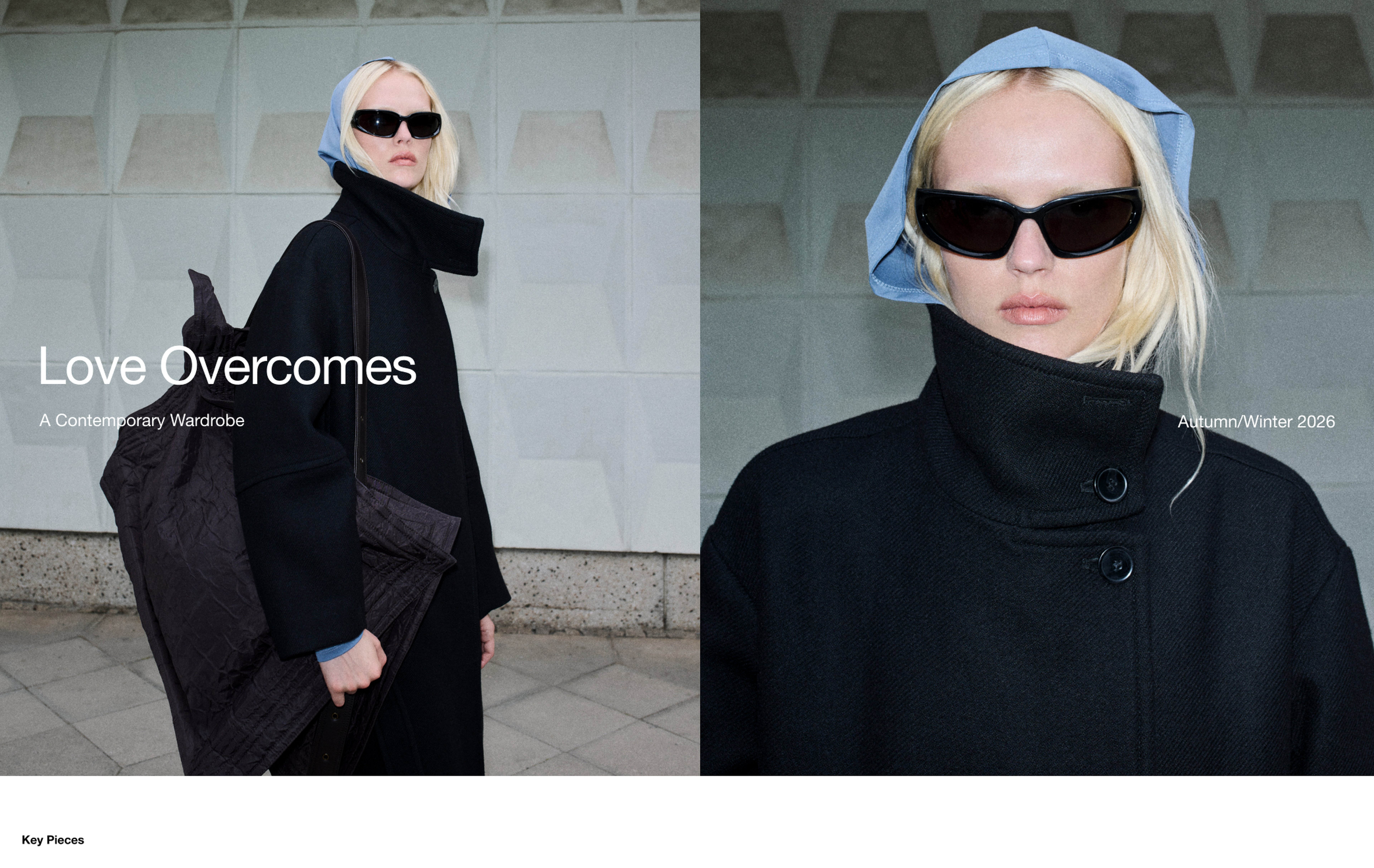 Fashion model in a black coat and sunglasses, with a blue headscarf, showcasing the "Love Overcomes" Autumn/Winter 2026 collection.