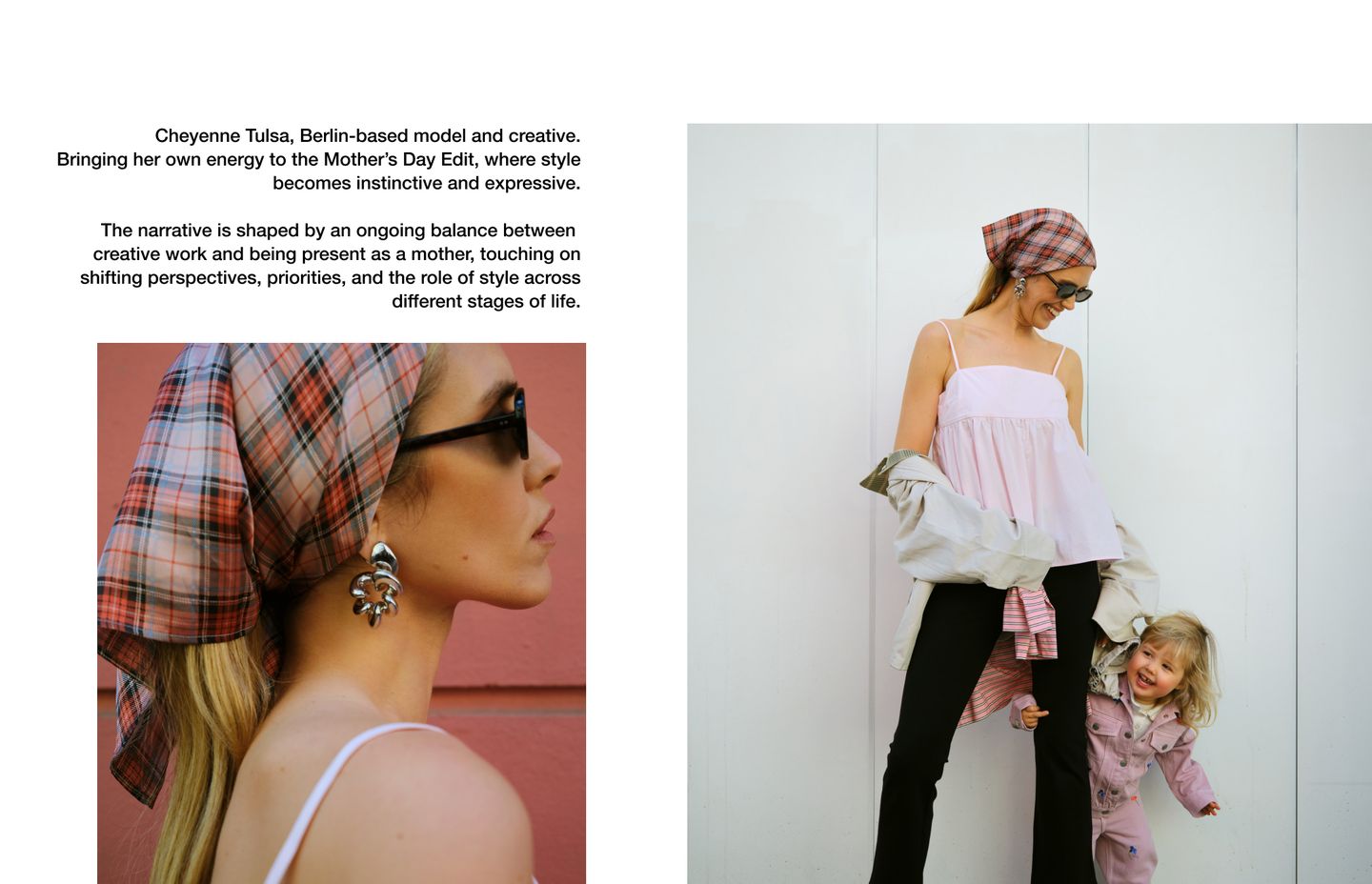 Woman in plaid headscarf and sunglasses poses, holding child in pink outfit, with text about balancing style and motherhood.