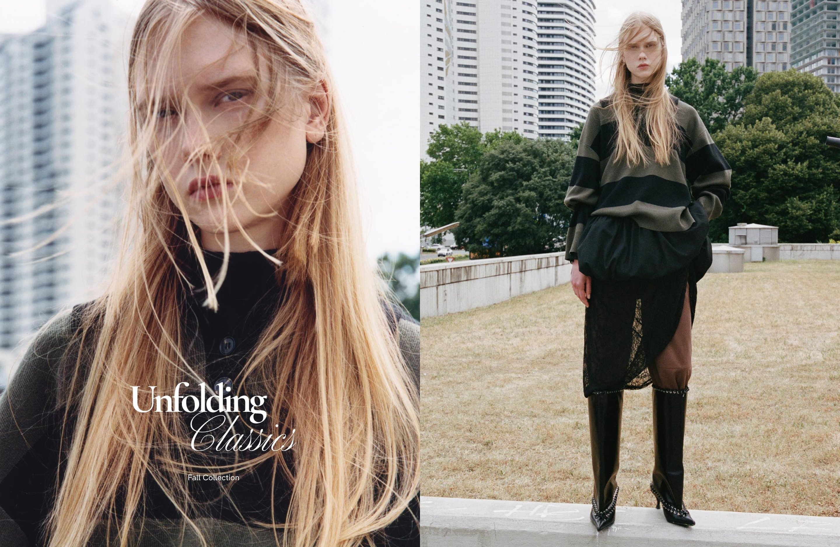 A model with long hair in a striped sweater and boots poses outdoors near modern buildings and greenery. Text reads "Unfolding Classic Fall Collection."