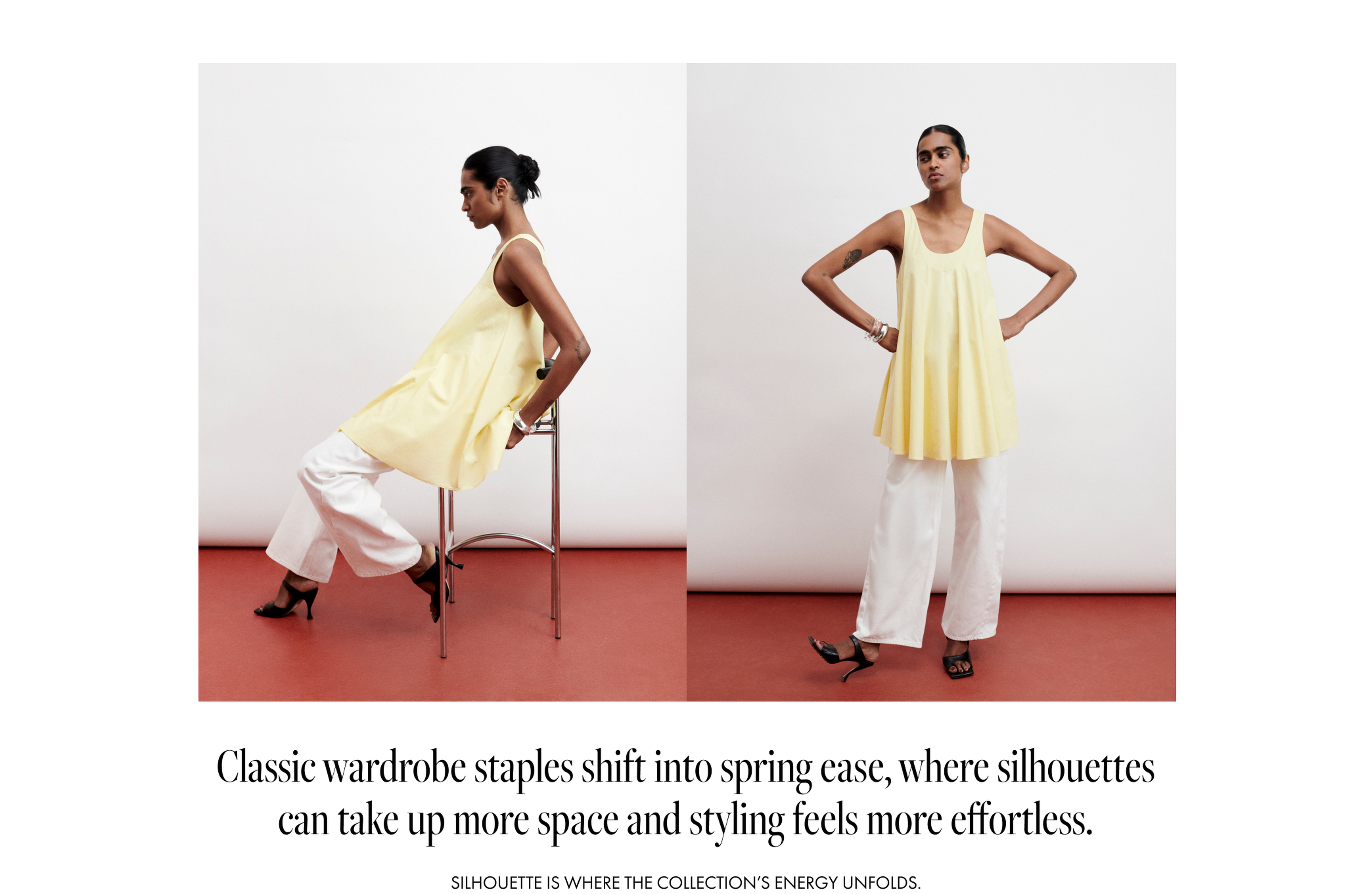Model in yellow tunic and white pants, one image sitting on a stool, another standing with hands on hips, against a simple backdrop.