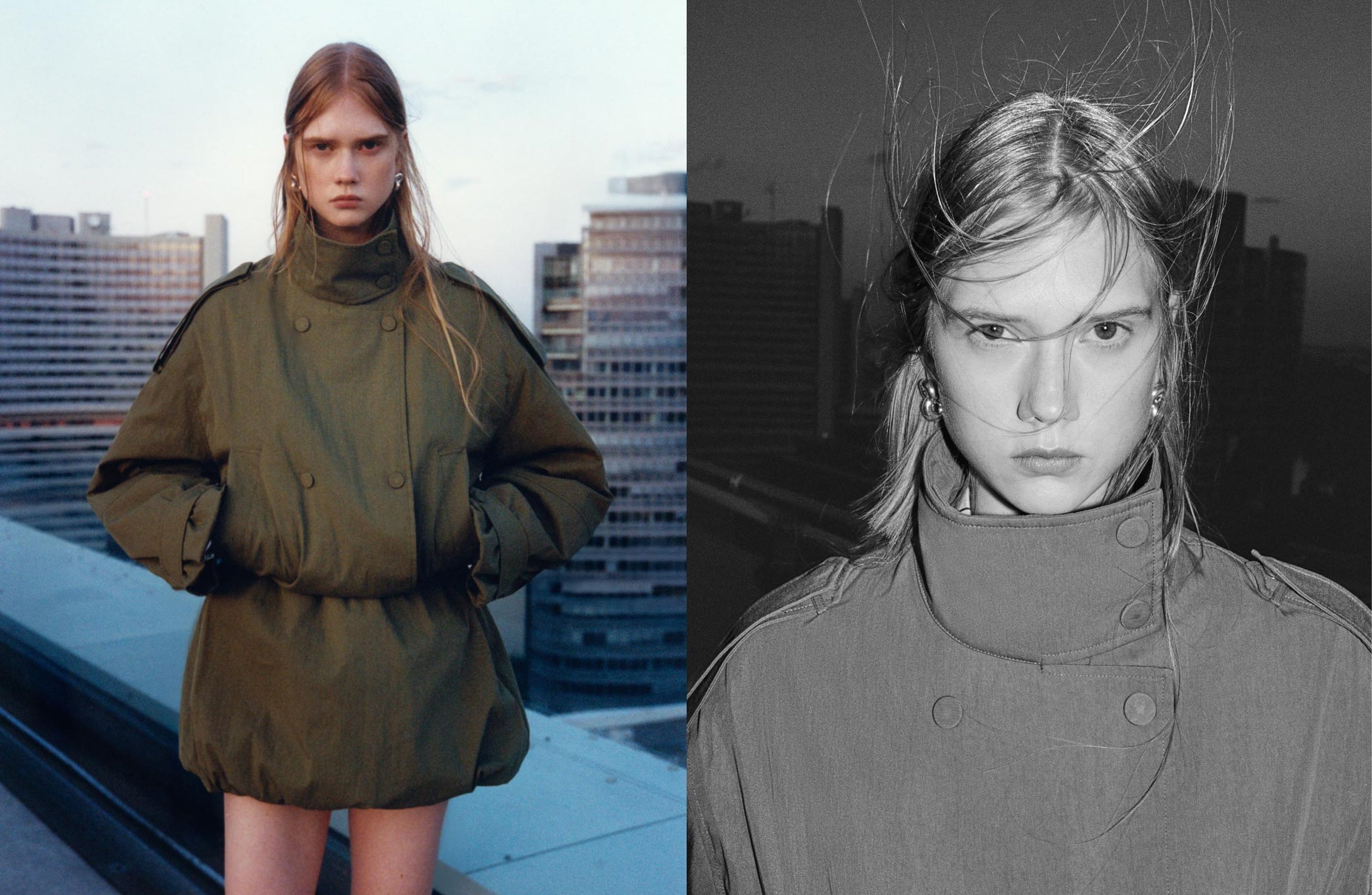 A person in a large, green coat stands on a rooftop with buildings in the background; the image is split with a black-and-white close-up.