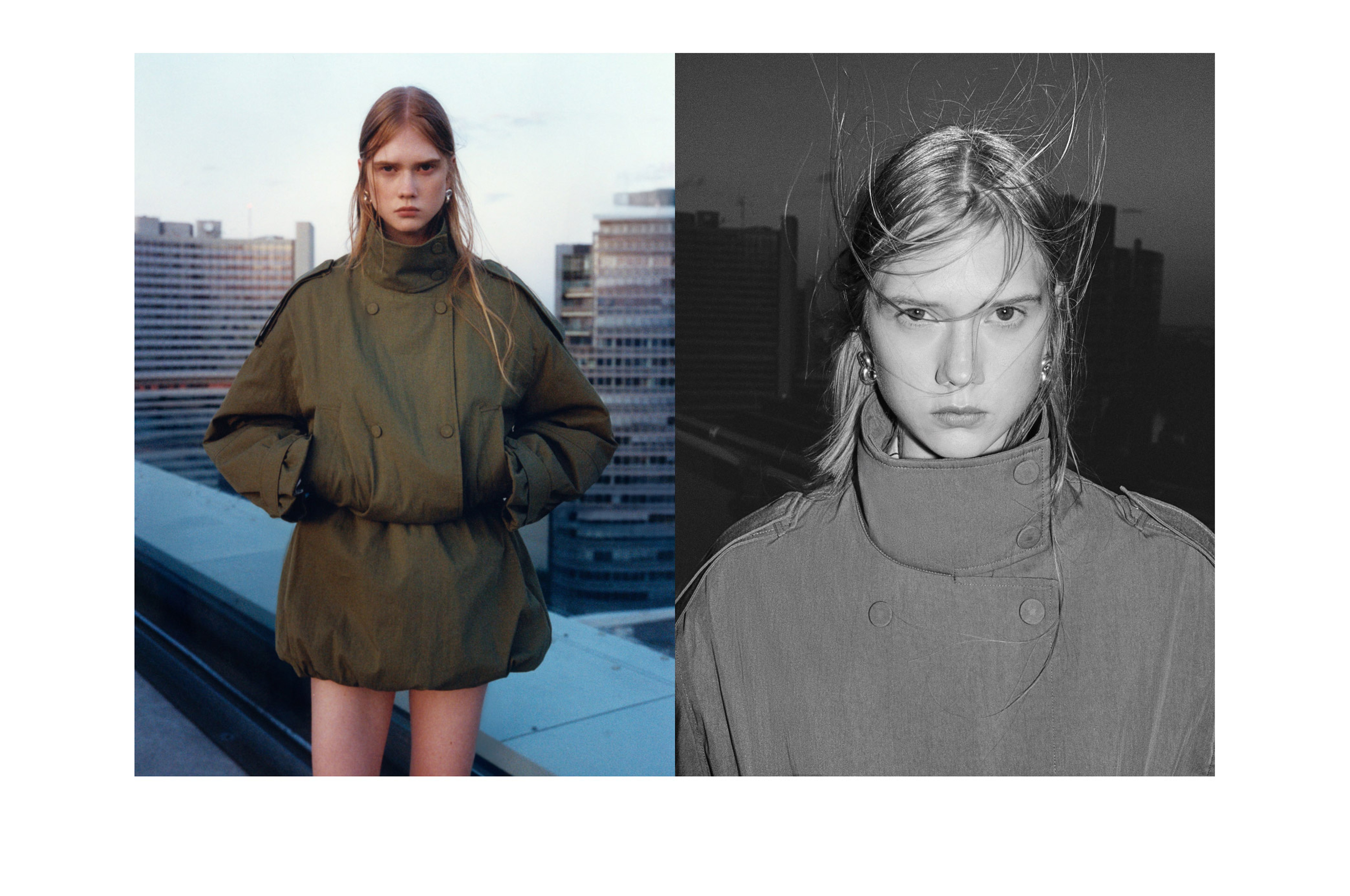 A person wearing an oversized green jacket stands on a rooftop, with a cityscape background. The image is split into color and black-and-white sections.