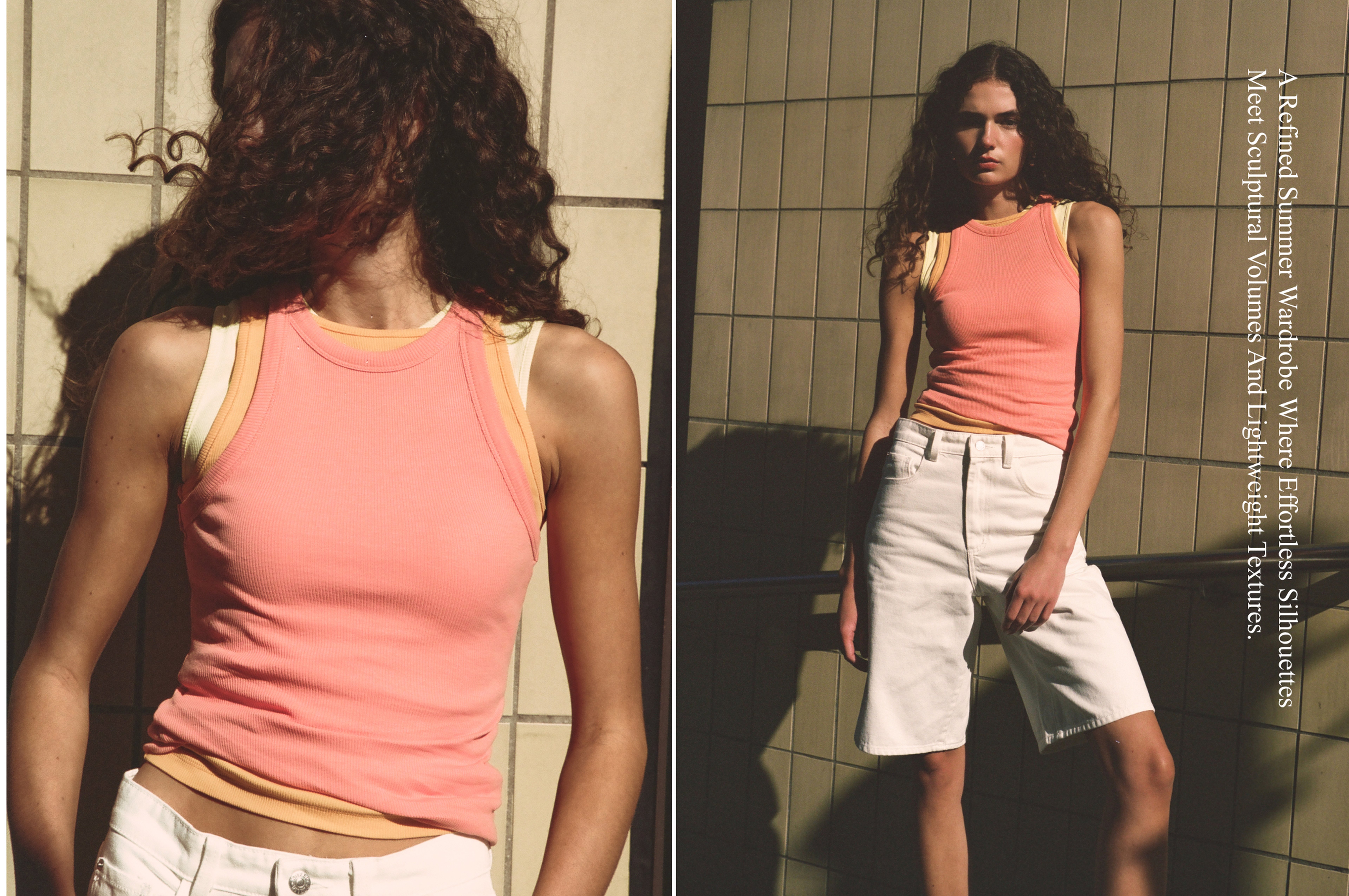 A woman with curly hair wearing a pink tank top and white shorts stands in sunlight against a tiled wall. Text reads: "A Refined Summer Wardrobe."