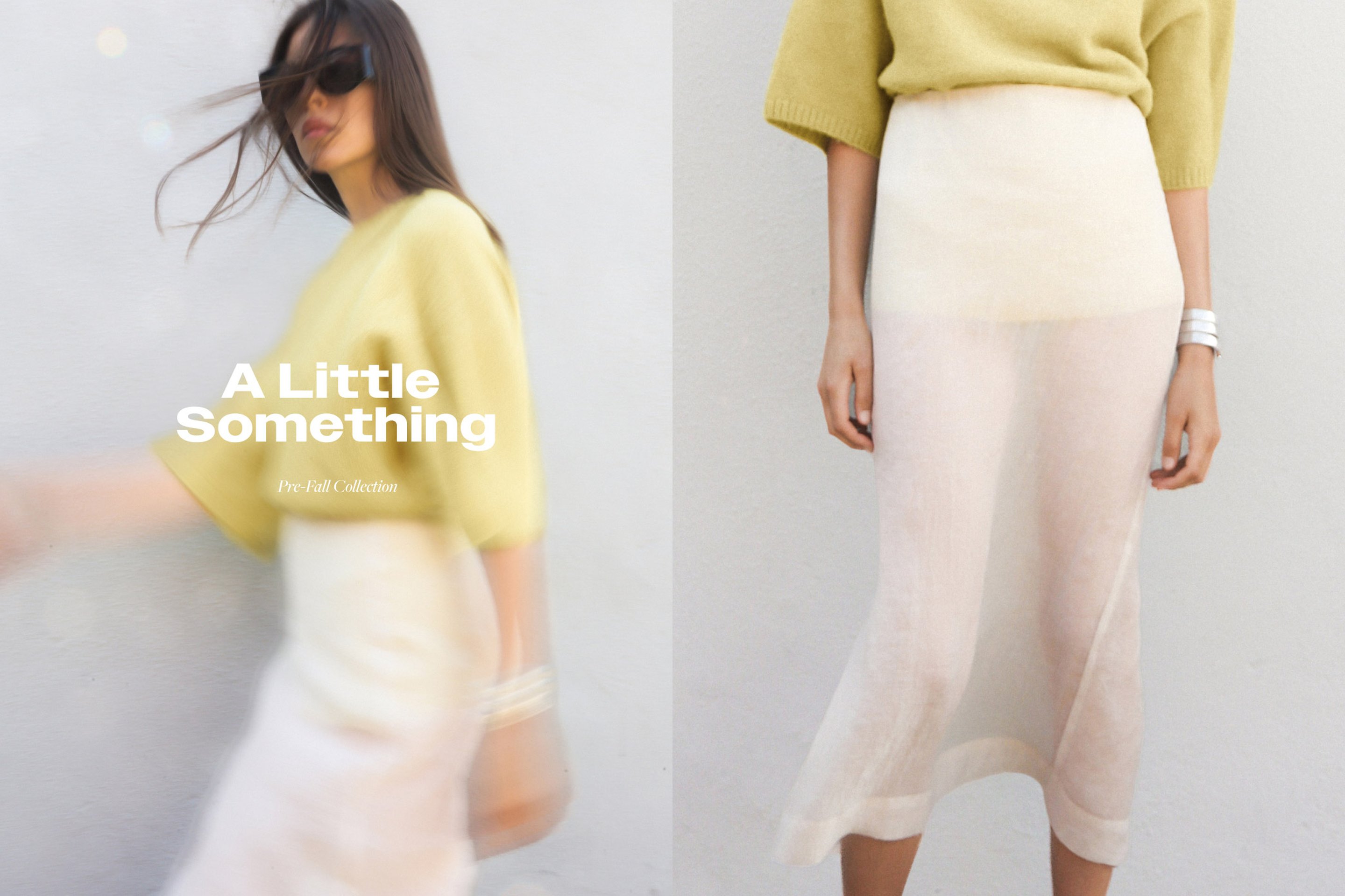 Woman in a yellow top and sheer white skirt, wearing sunglasses, with text "A Little Something Pre-Fall Collection" on a split image.