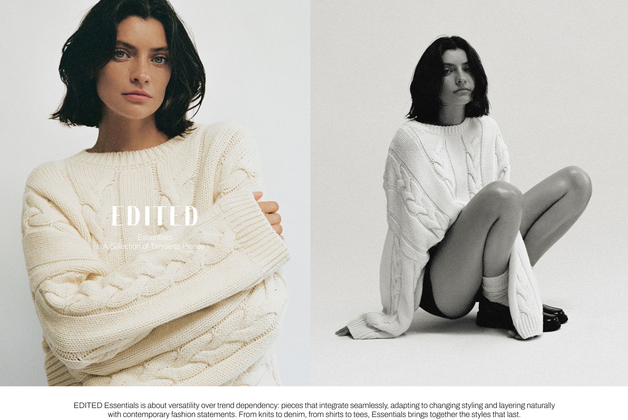 A woman with short dark hair wearing a chunky white knit sweater, features in a fashion photoshoot with two poses.