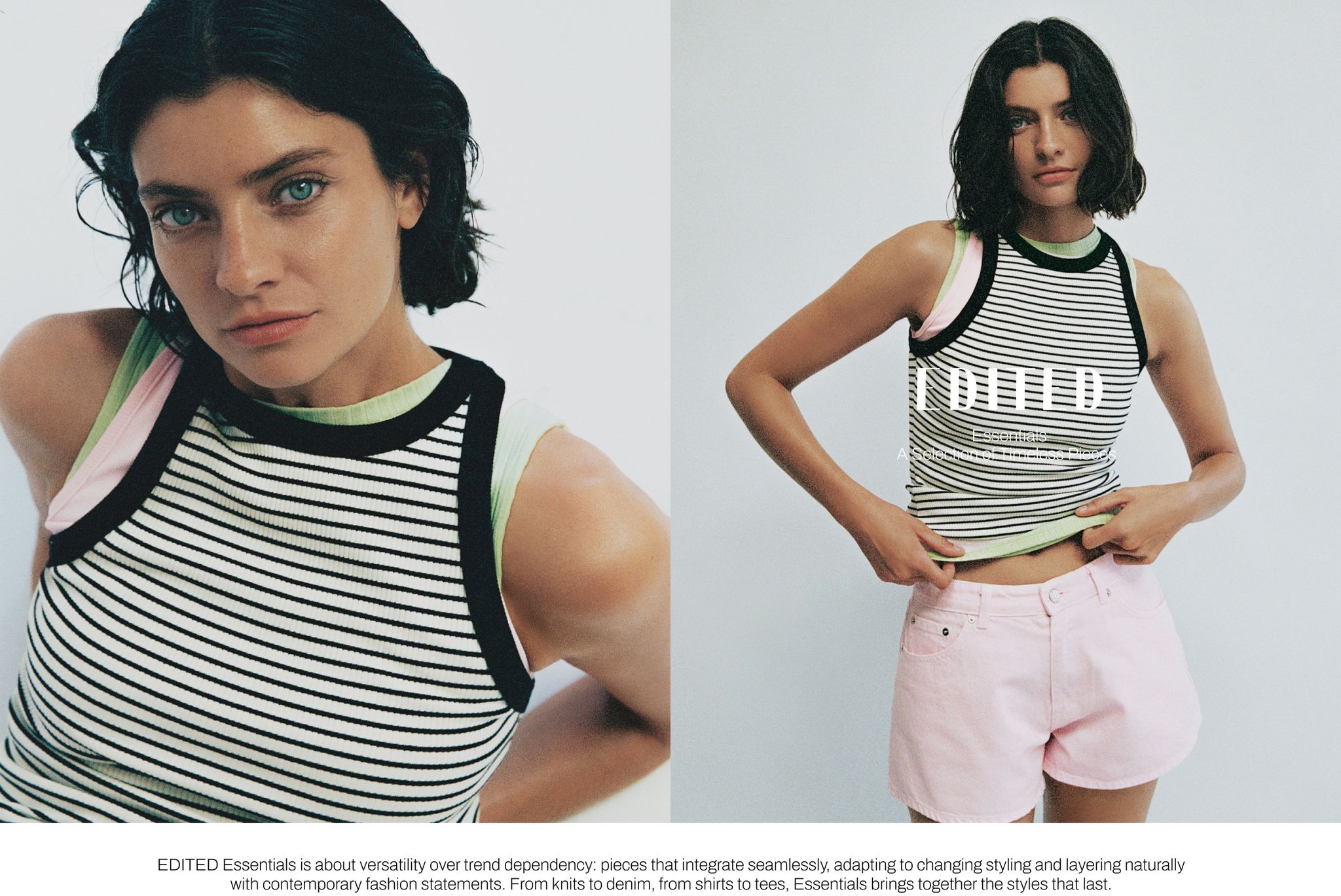 Woman in striped tank top and pink shorts poses confidently, focusing on versatility in fashion styling and layering.
