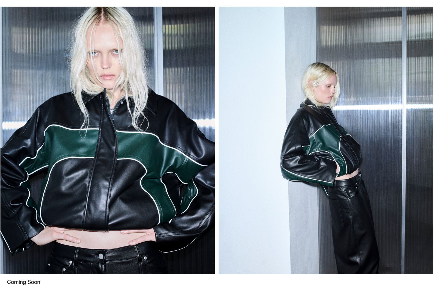 Person in a black and green leather jacket and black pants, posing in front of a metallic background.
