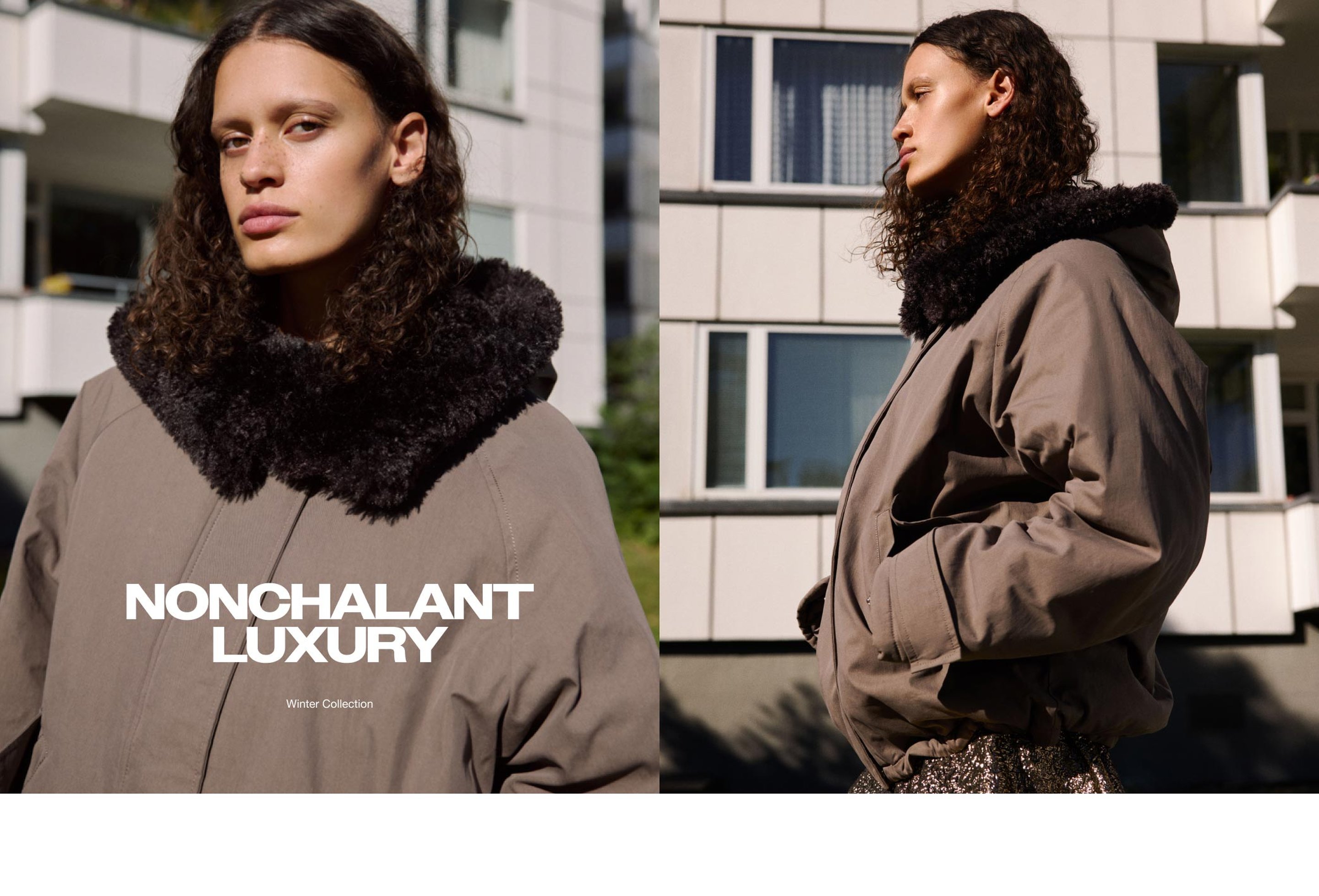 A person with curly hair models a winter coat with a fur collar, standing outside a modern building. Text reads "Nonchalant Luxury Winter Collection."