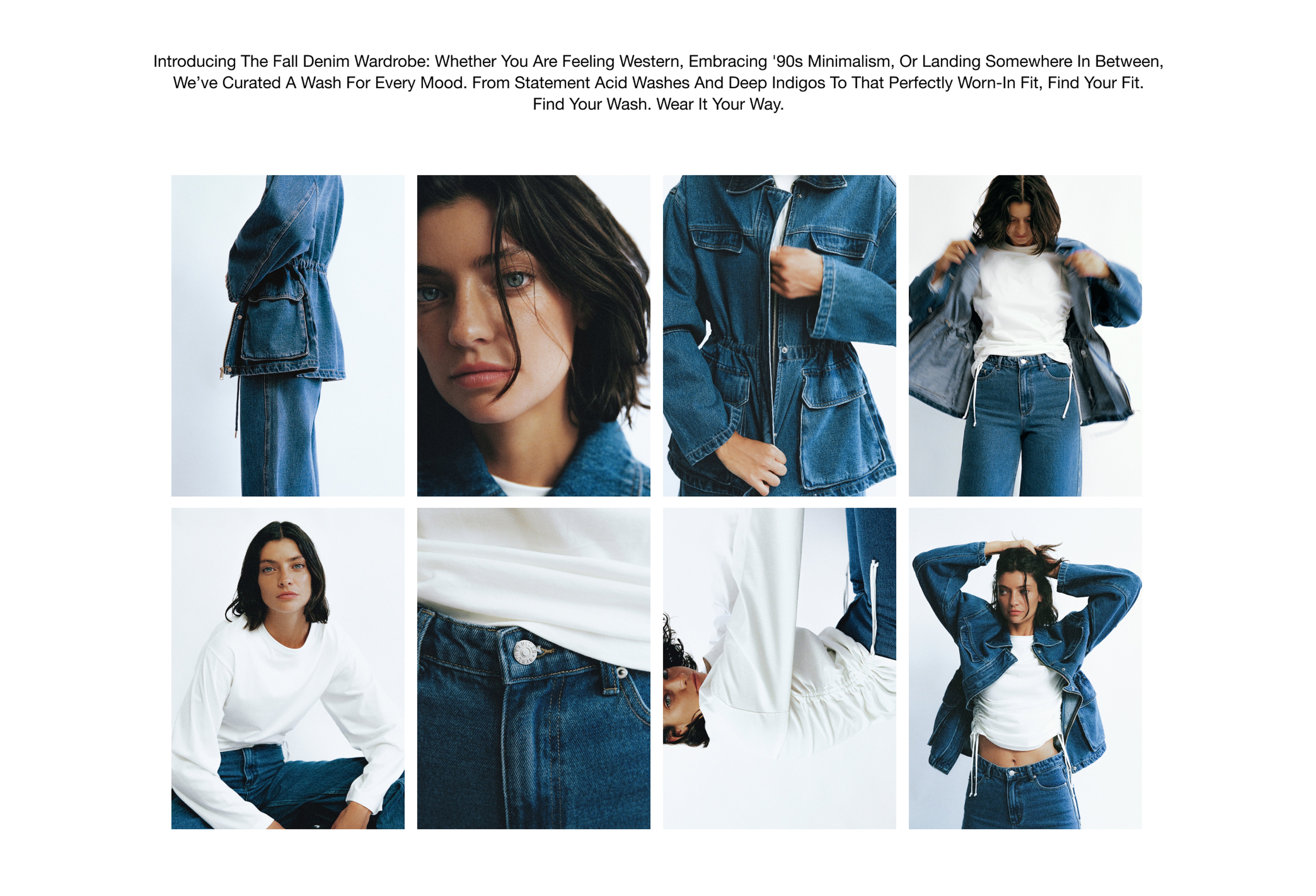 Collage of a woman modeling denim outfits, featuring jeans, a jacket, and a white t-shirt, with a description of a fall denim wardrobe collection.