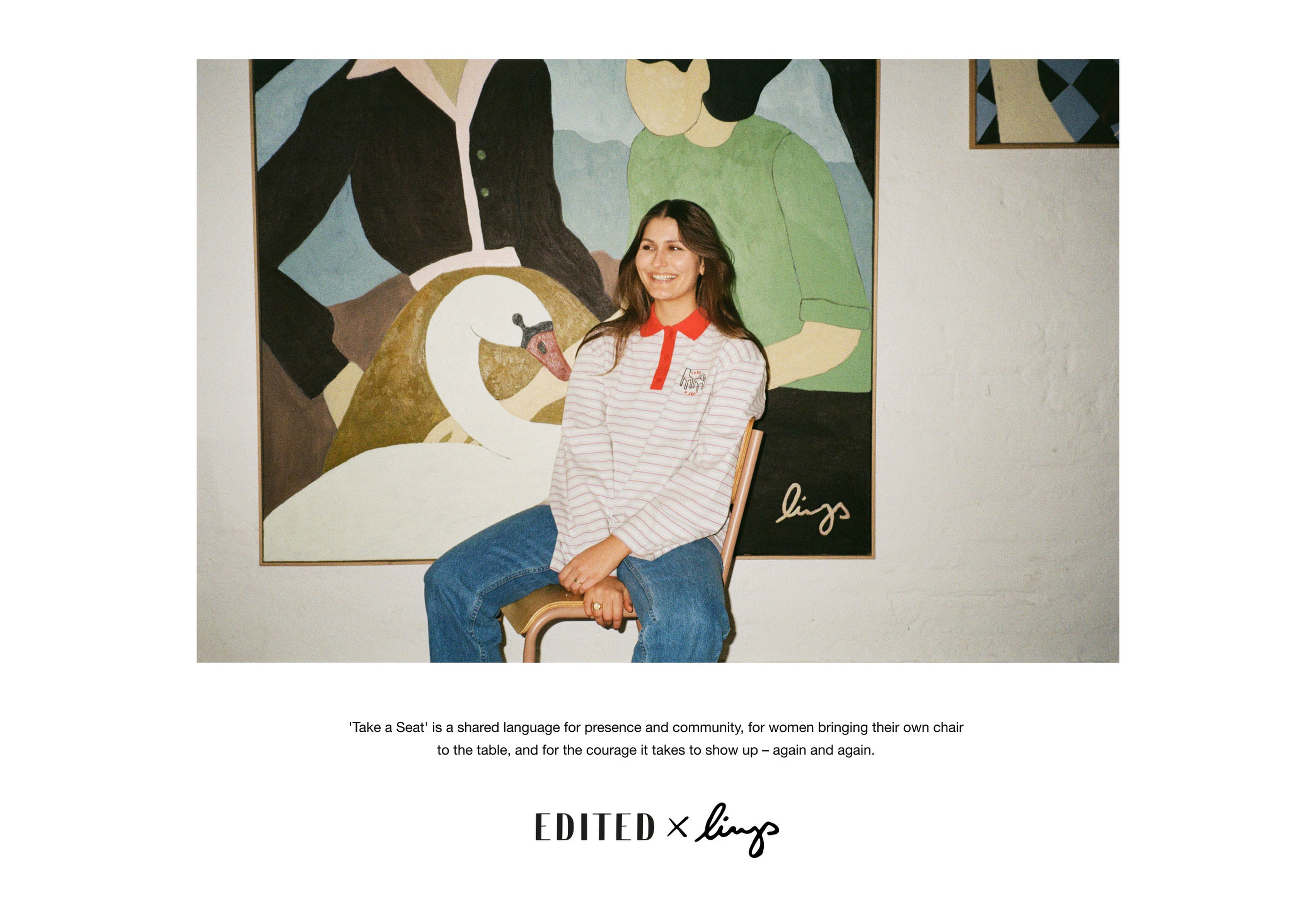 Smiling woman in a striped shirt sits in front of colorful abstract paintings. Text below reads "EDITED x Lizzo" with a message about empowerment.
