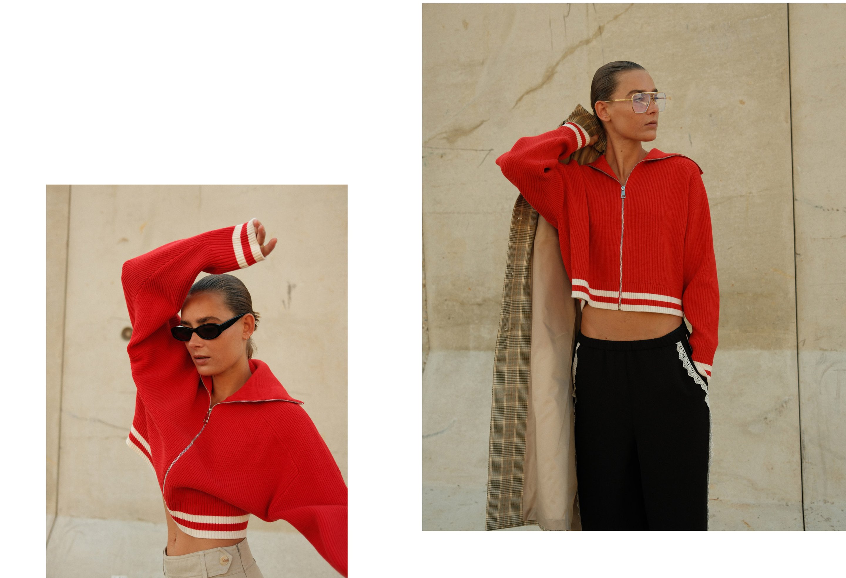 Woman in red zip-up sweater with white stripes, wearing sunglasses and glasses, poses against a stone wall in two side-by-side images.