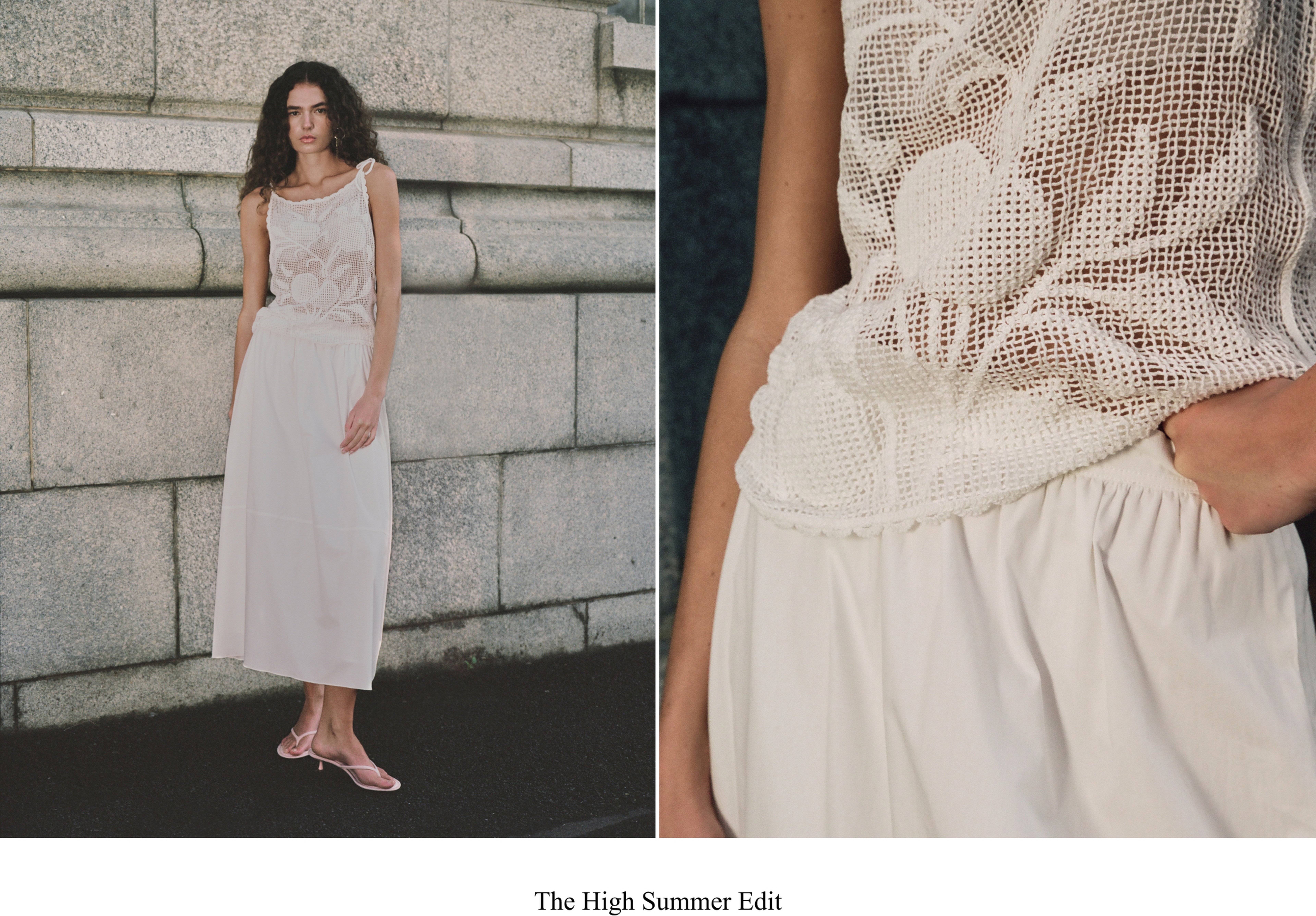 Woman in a white, lace-patterned top and flowing skirt stands against a stone wall. Close-up shows intricate lace details. Summer fashion theme.