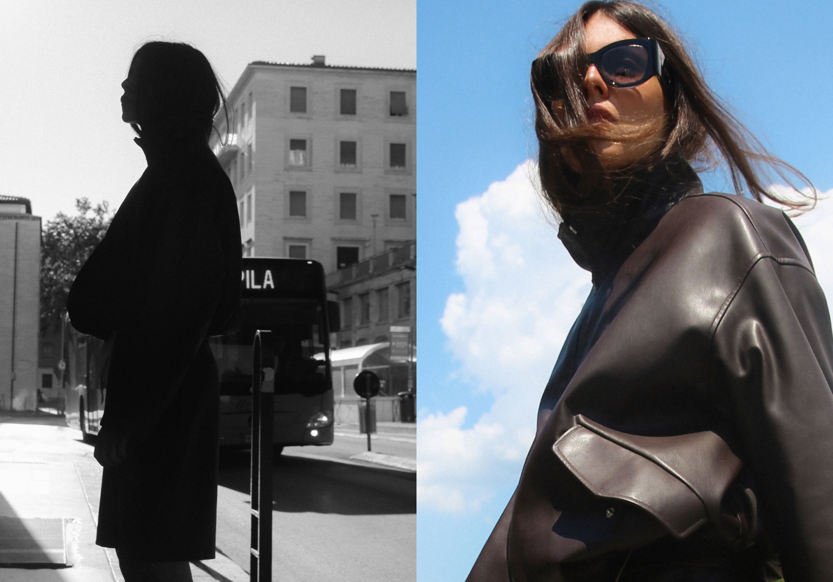 Split image: Left shows a person in silhouette by a bus in an urban setting; right shows a person in sunglasses and leather jacket against a blue sky.