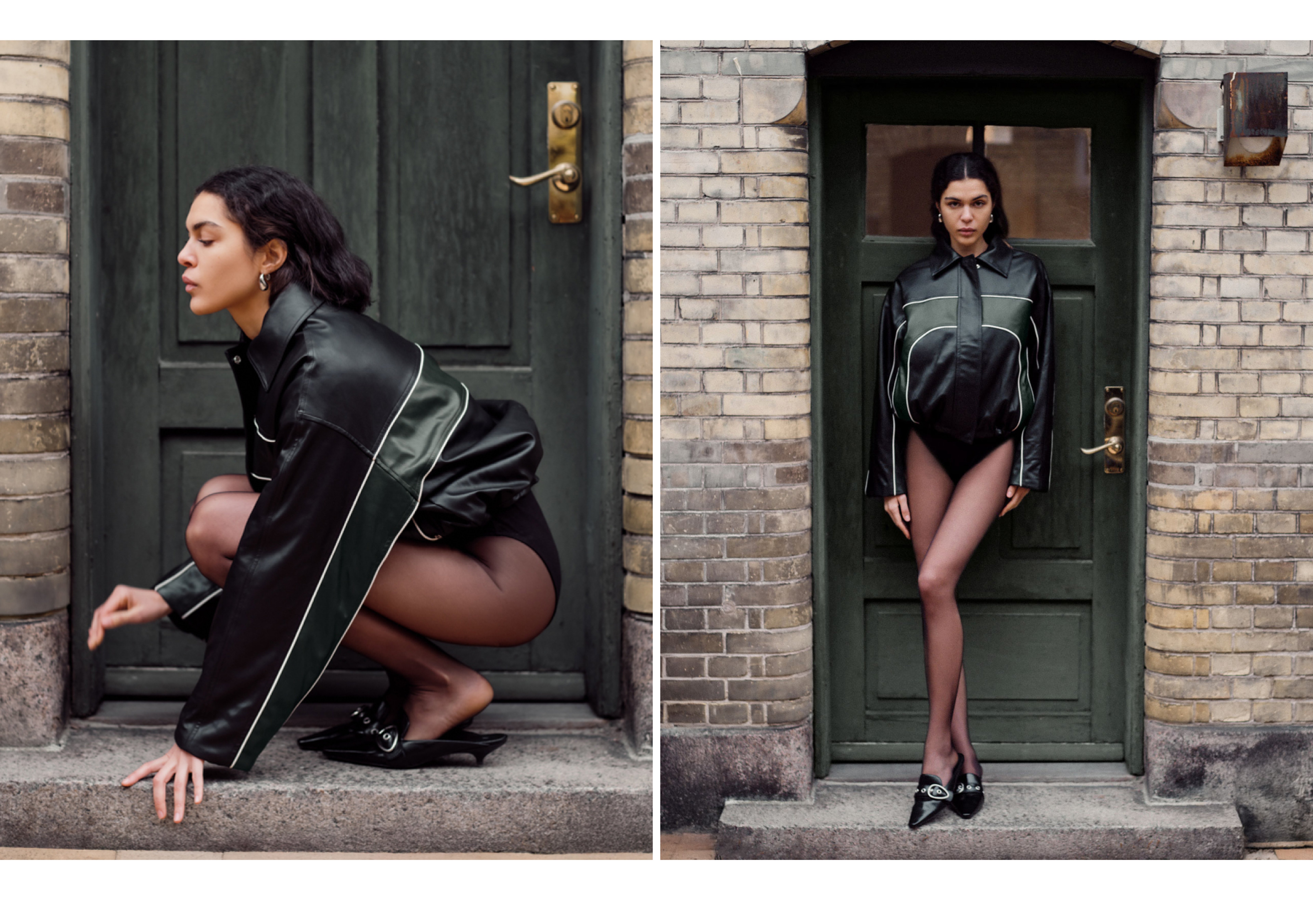 Woman wearing a black leather jacket and sheer leggings poses by a green door, crouching in one shot and standing in another.